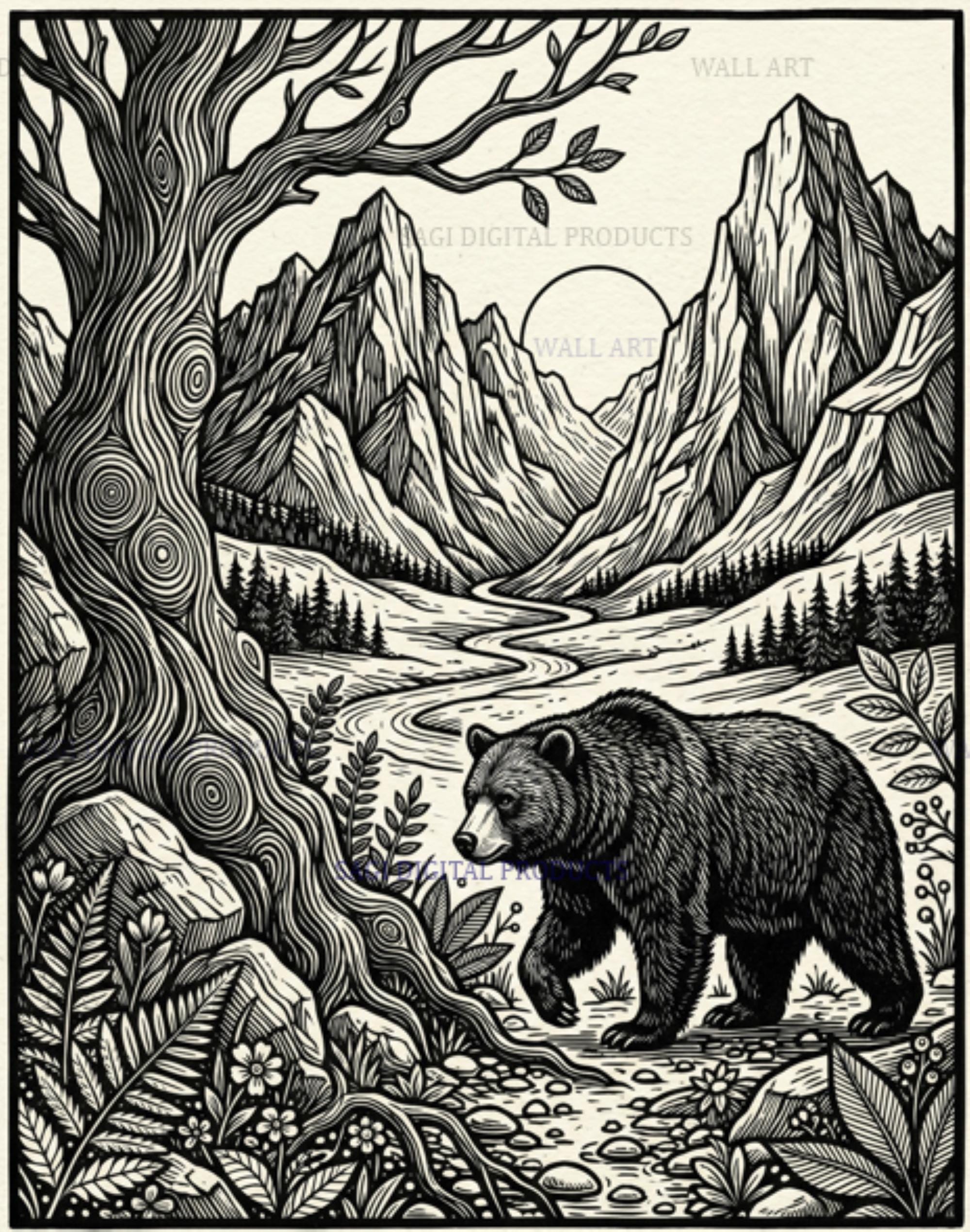 Black Bear Linocut Print, Mountain Valley Woodcut Wall Art, Vintage Nature Decor, Printable