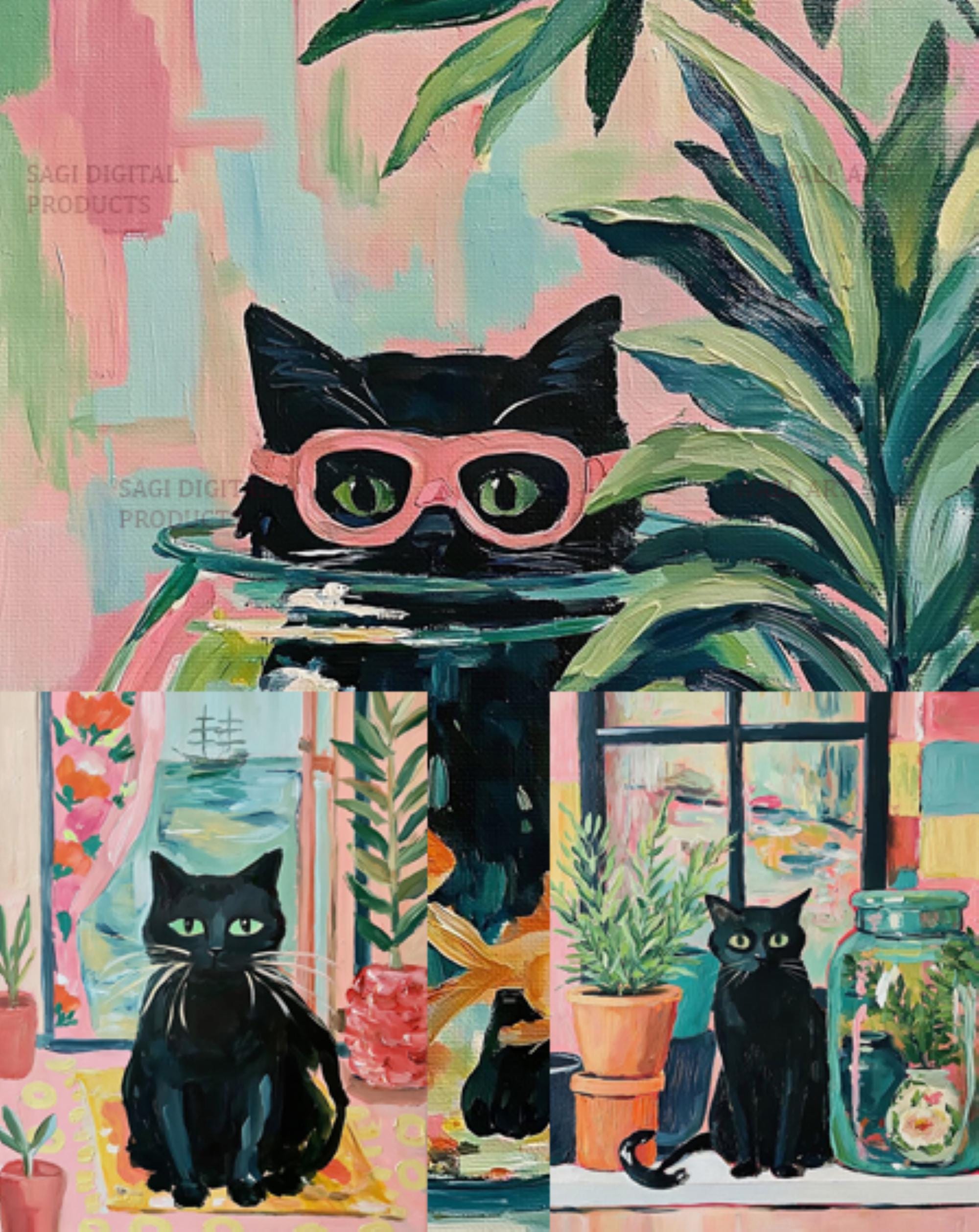 Black Cat Print Triptych, Whimsical Cat Wall Art Bundle, Digital Download, Printable