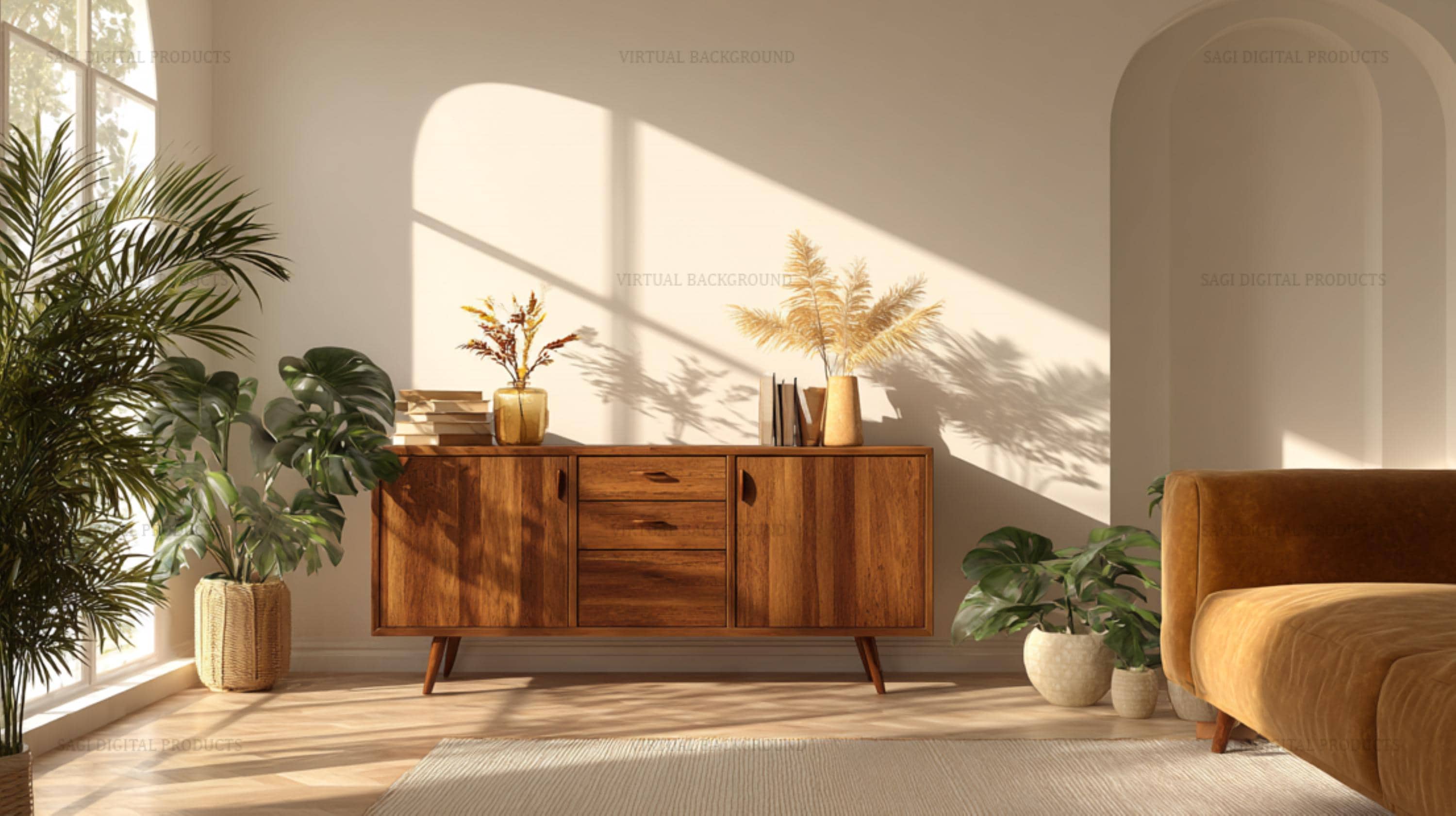 Boho Mid-Century Living Room Virtual Background, Zoom Videoconference Backdrop Download