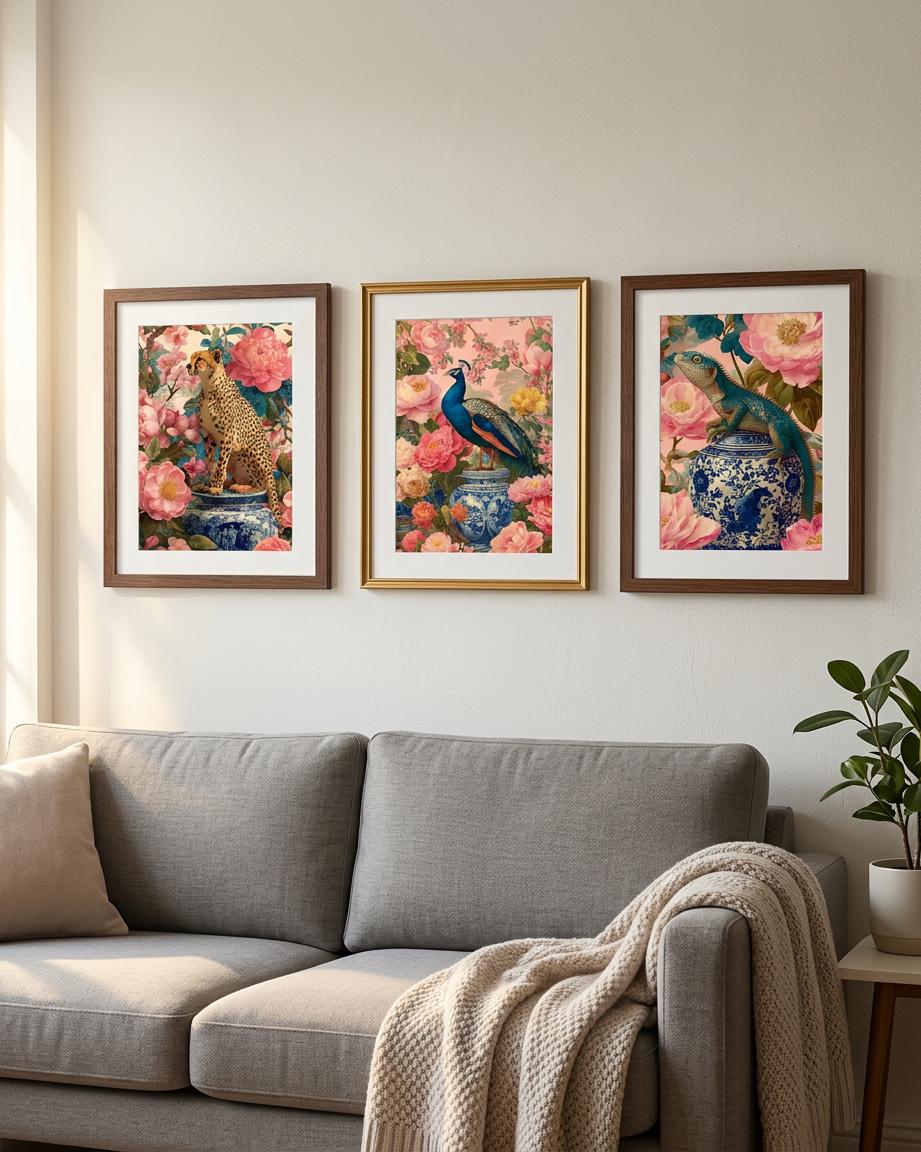 Chinoiserie Animal Art Prints, Cheetah Peacock Lizard Ginger Jar Trio (Digital Download)