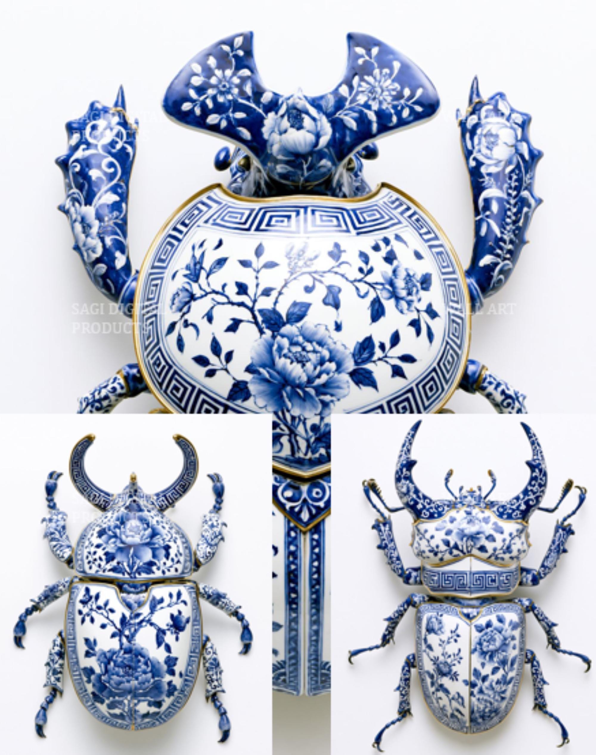 Chinoiserie Beetle Print Triptych, Blue White Insect Wall Art, Digital Download, Printable