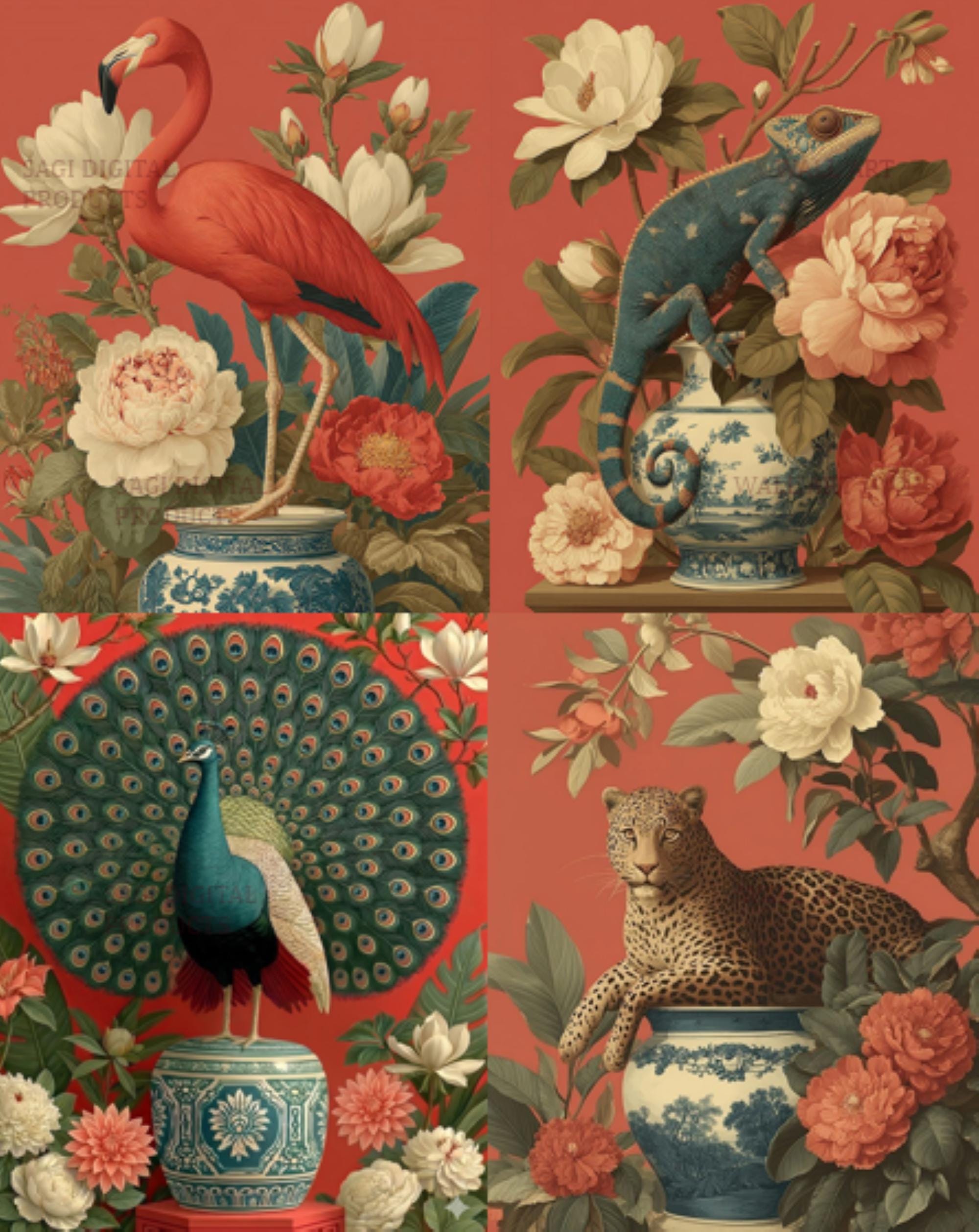 Chinoiserie Botanical Print Set, Animal Wall Art Bundle, Digital Download, Printable, Set of 4