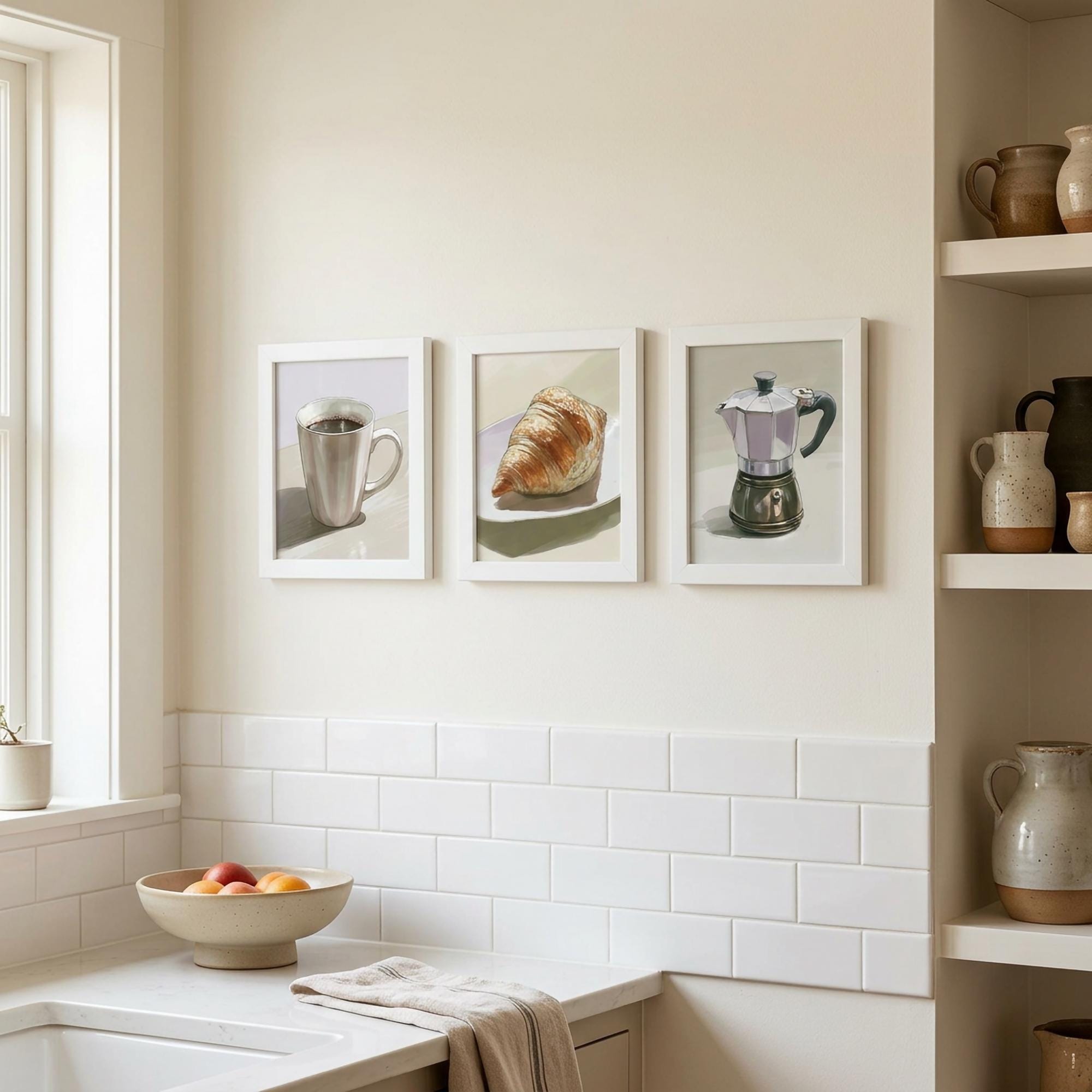 Coffee Kitchen Wall Art Triptych, Croissant Moka Pot Espresso Print, Café Digital Download, Printable