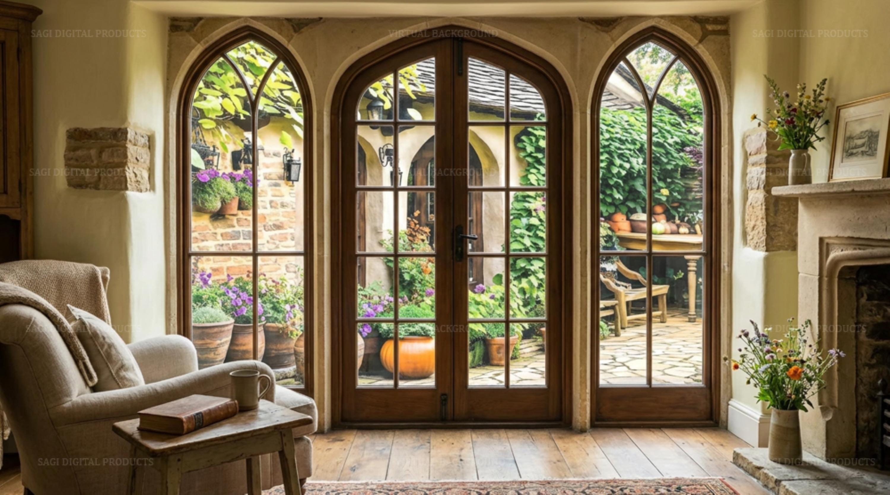 Cottagecore Arched Window Virtual Background, Rustic Home Office Virtual Backdrop
