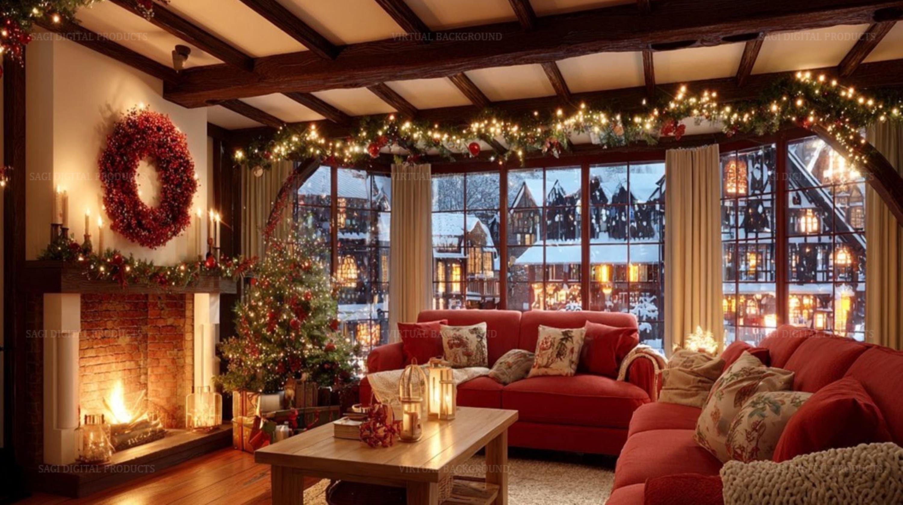 Cozy Christmas Fireplace Virtual Background, Snowy Village Virtual Backdrop, Holiday