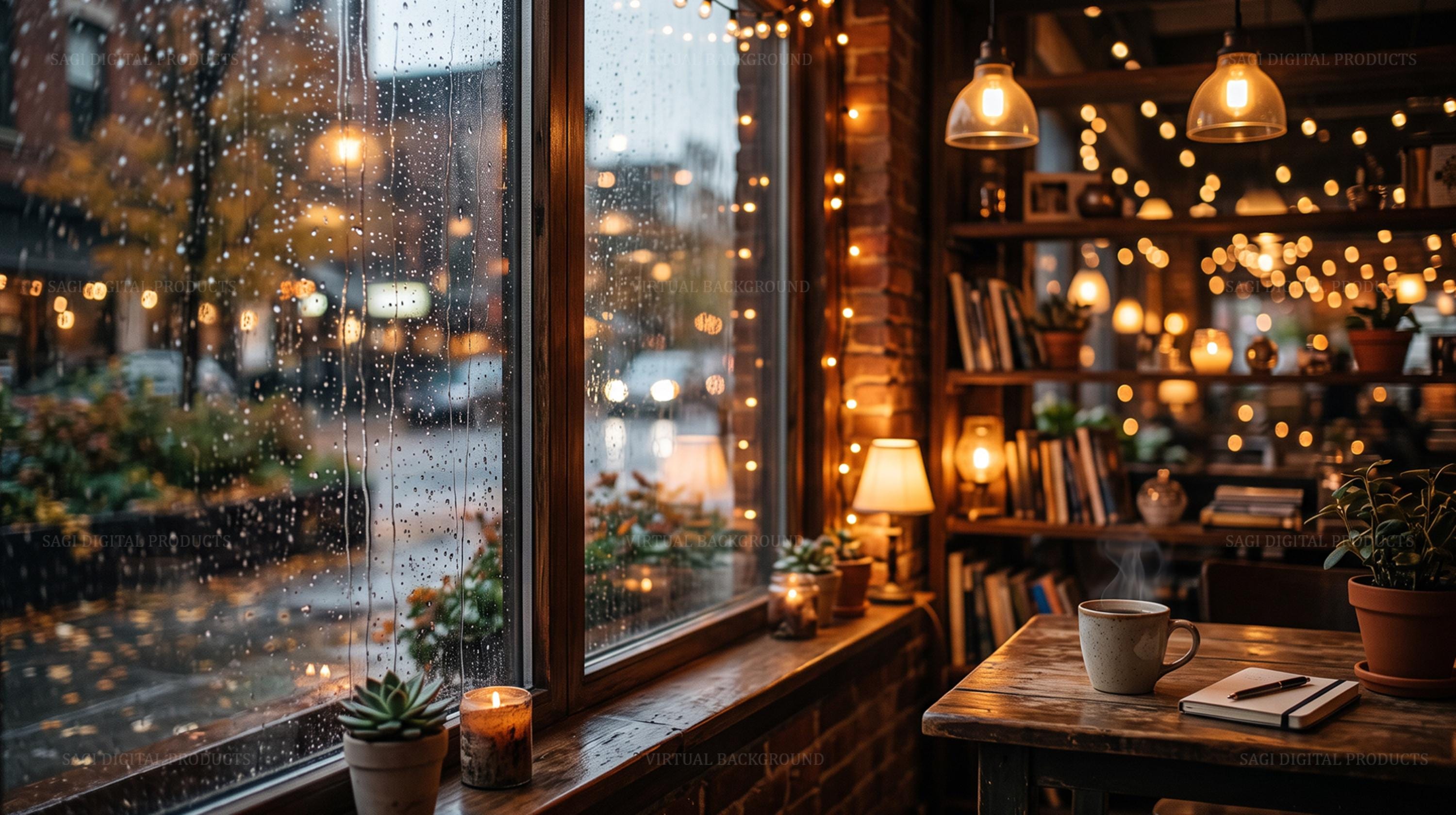 Cozy Rainy Day Coffee Shop Virtual Background, String Lights, Books, Coffee (Digital Download)