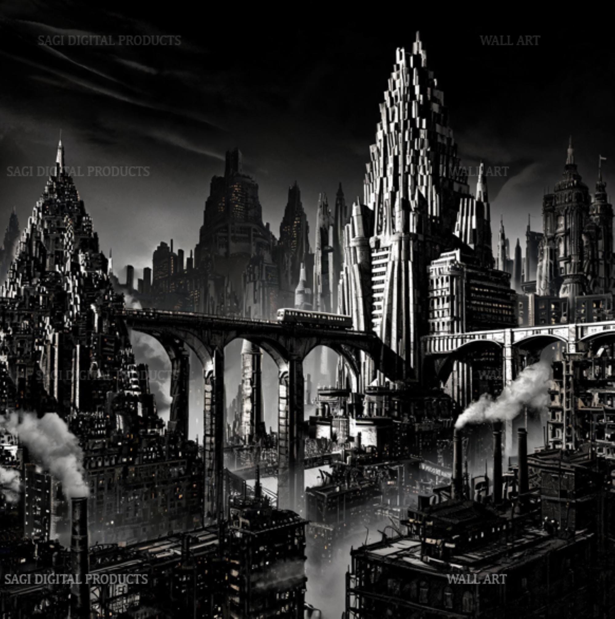 Dark Gothic Futurist Cityscape Art Print Set of 4