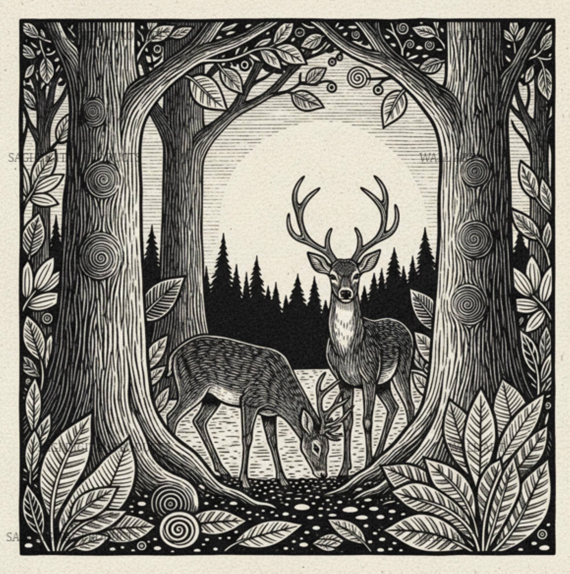 Deer Forest Print Stag Woodland Wall Art Printable Wildlife Nature Illustration Gift