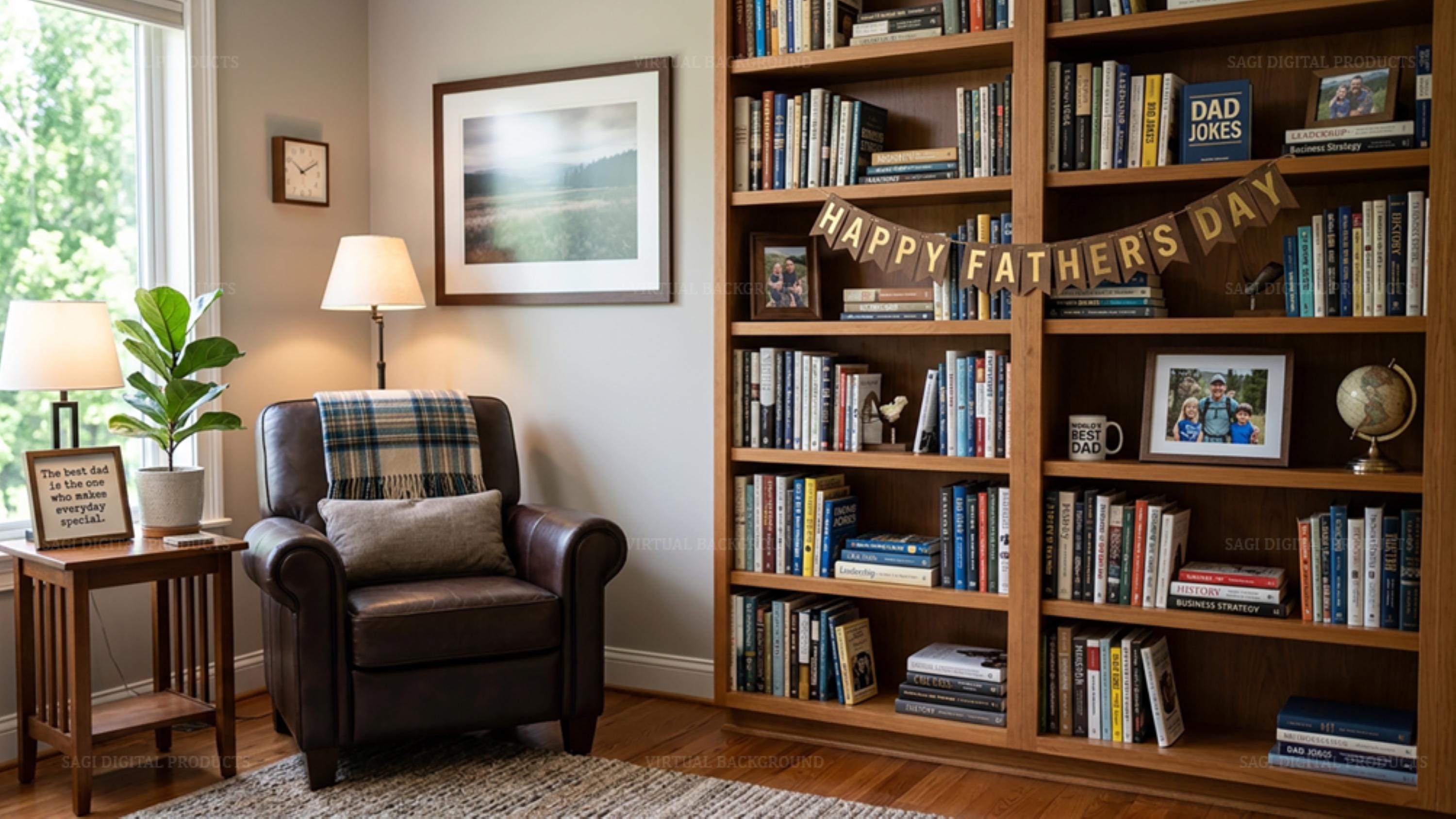 Father's Day Zoom Background, Cozy Library Study Virtual Background for Dad