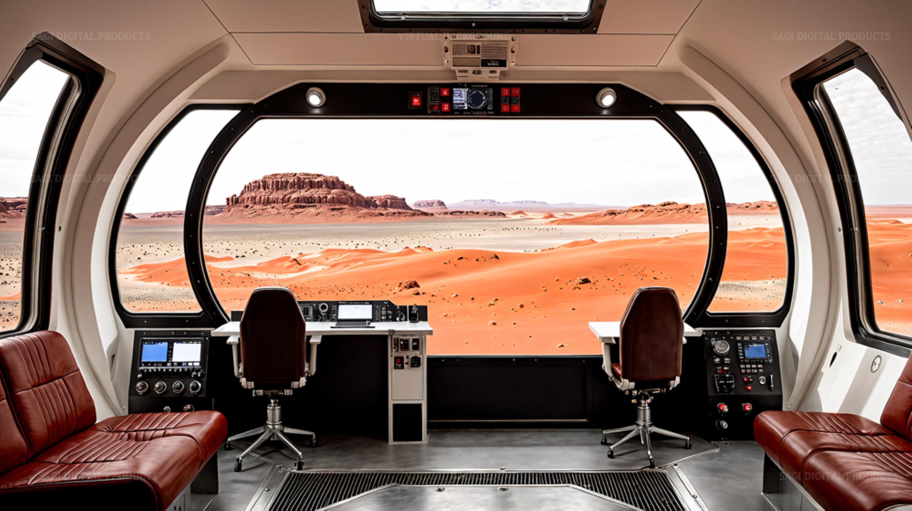 Futuristic Mars Rover Office Professional Virtual Background, Sci-Fi Luxury Desert Command Center