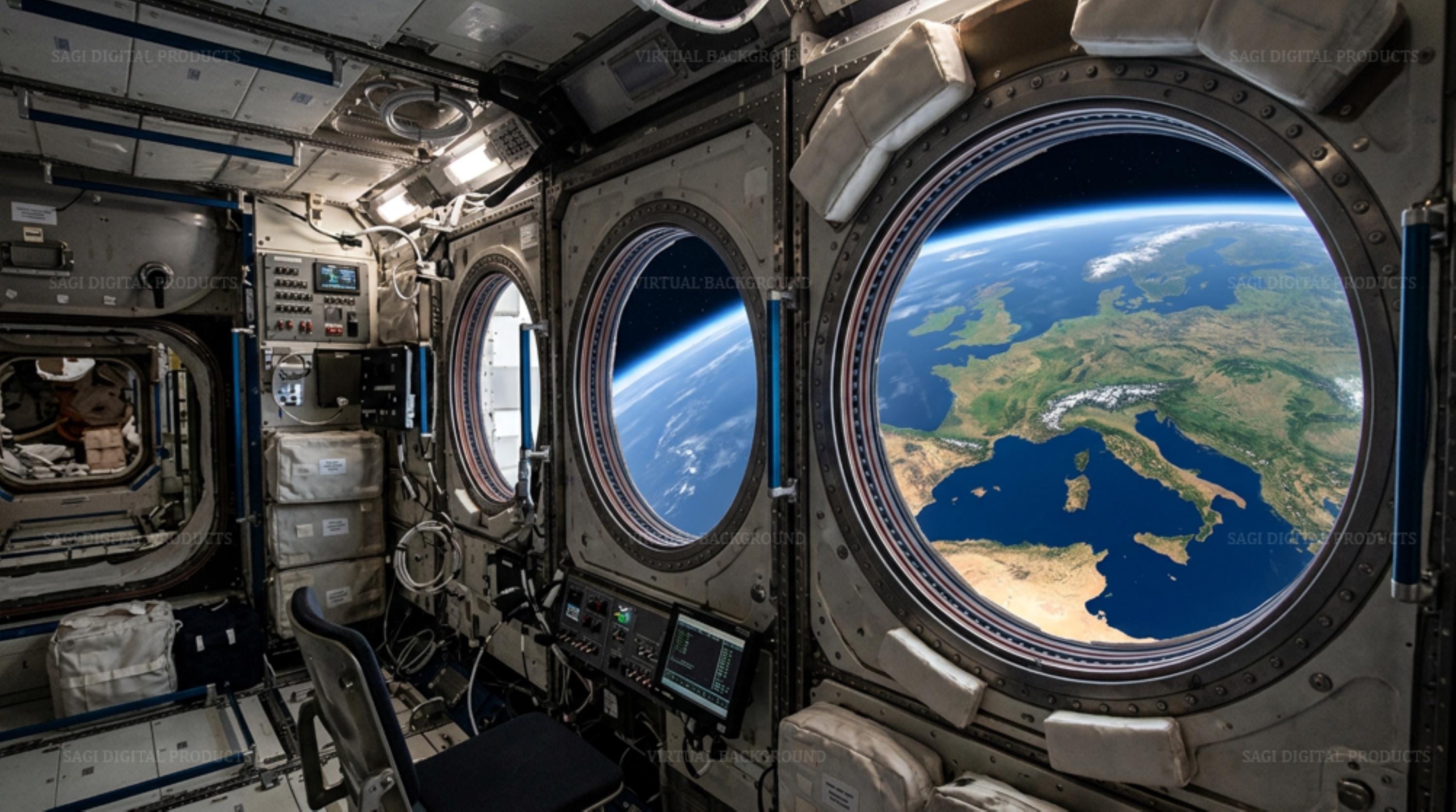 Futuristic Space Station Videoconference Background, Earth View Virtual Office, Digital Download Video Call
