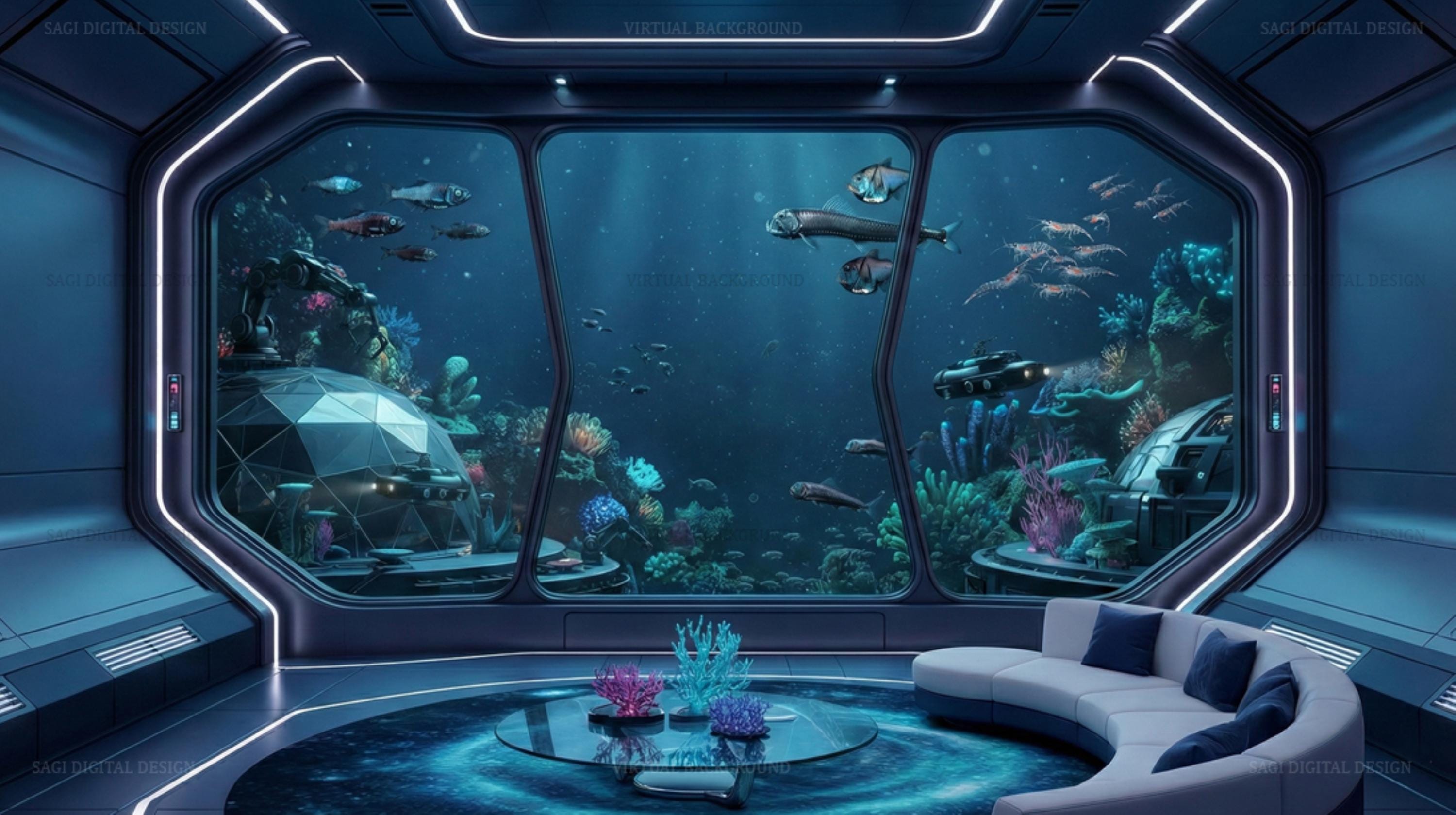 Futuristic Underwater Observatory  Professional Virtual Background, Sci-Fi Deep Sea Office, Instant Digital Download