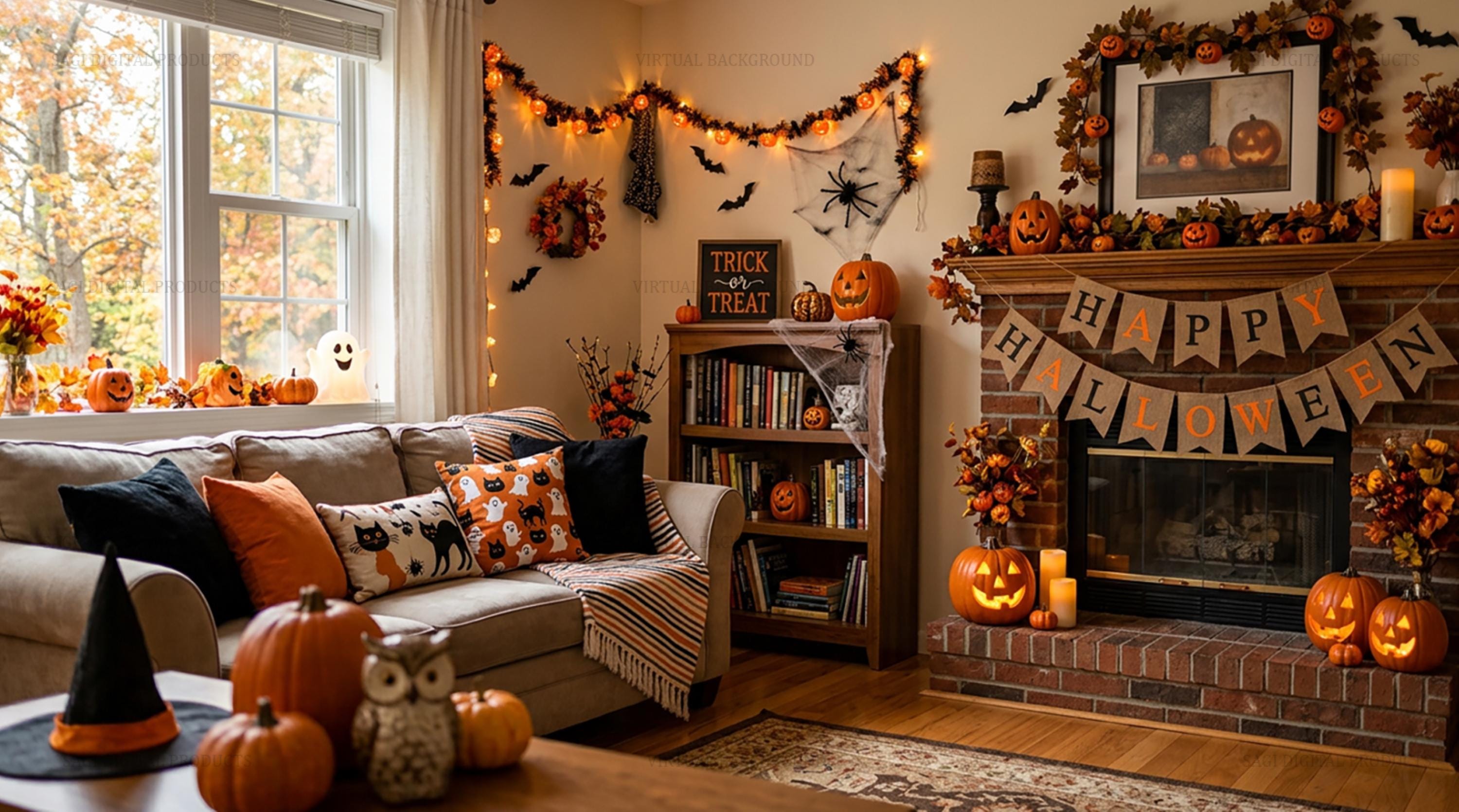 Halloween Living Room Fireplace Jack-O-Lanterns Autumn Decor Zoom  Teams Virtual Background Commercial Use