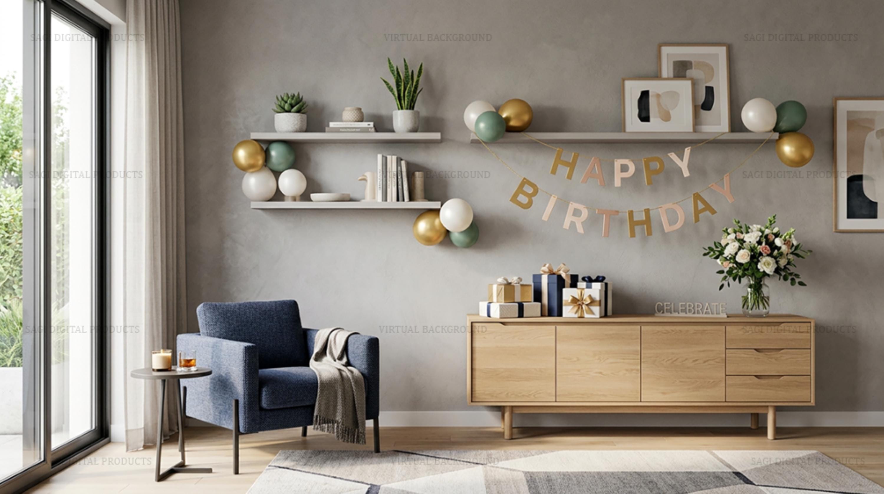 Happy Birthday Zoom Background Modern Boho Party Room Virtual Meeting