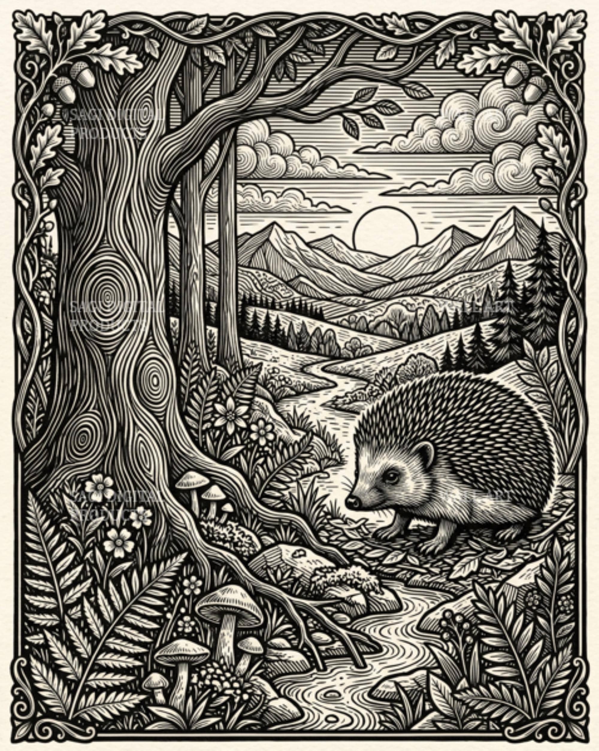 Hedgehog Linocut Print, Woodland Mushroom Wall Art, Black and White Forest Cottage Nursery Decor