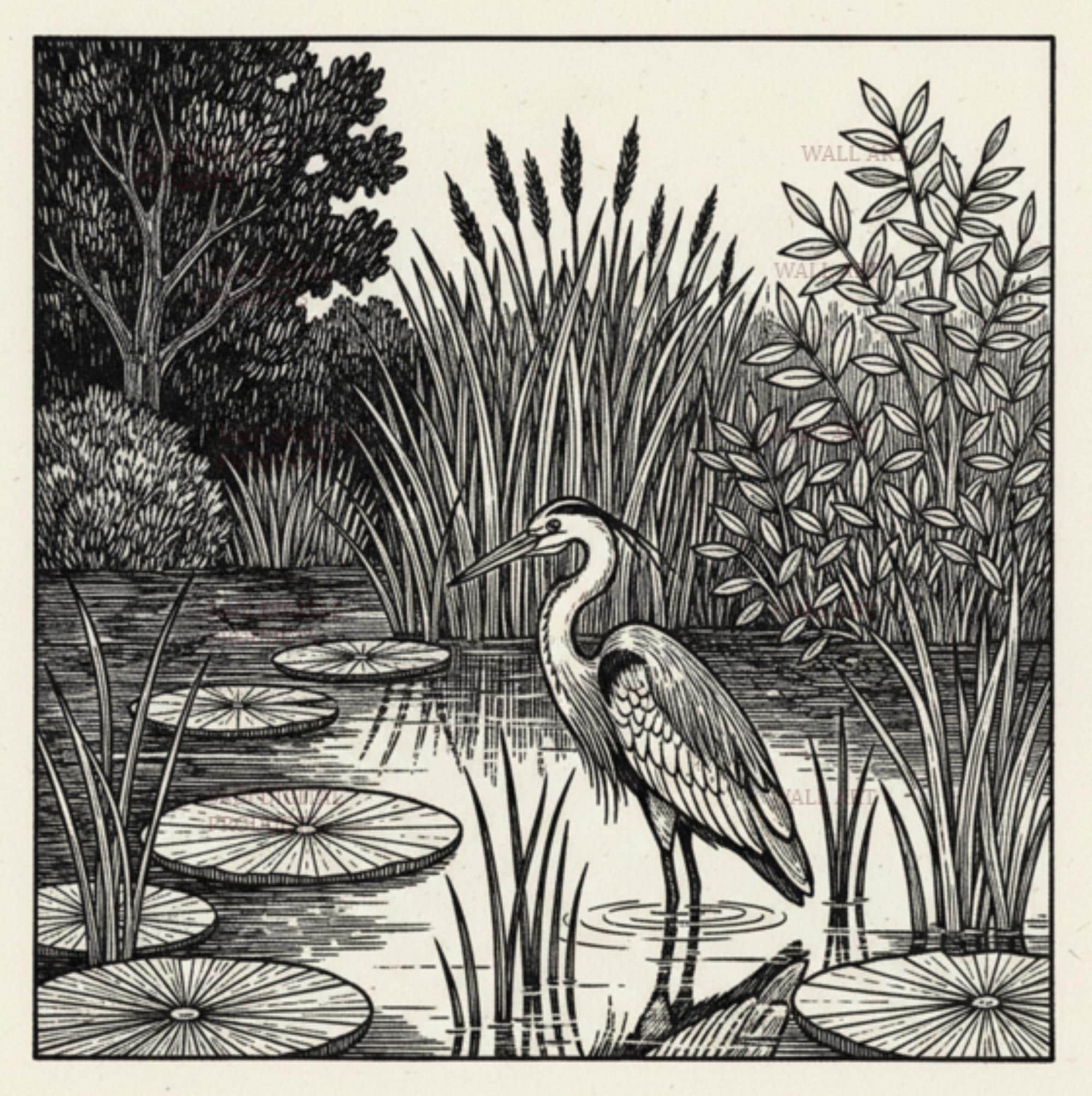 Heron Pond Print Wetland Bird Wall Art Printable Wildlife Nature Illustration Gift