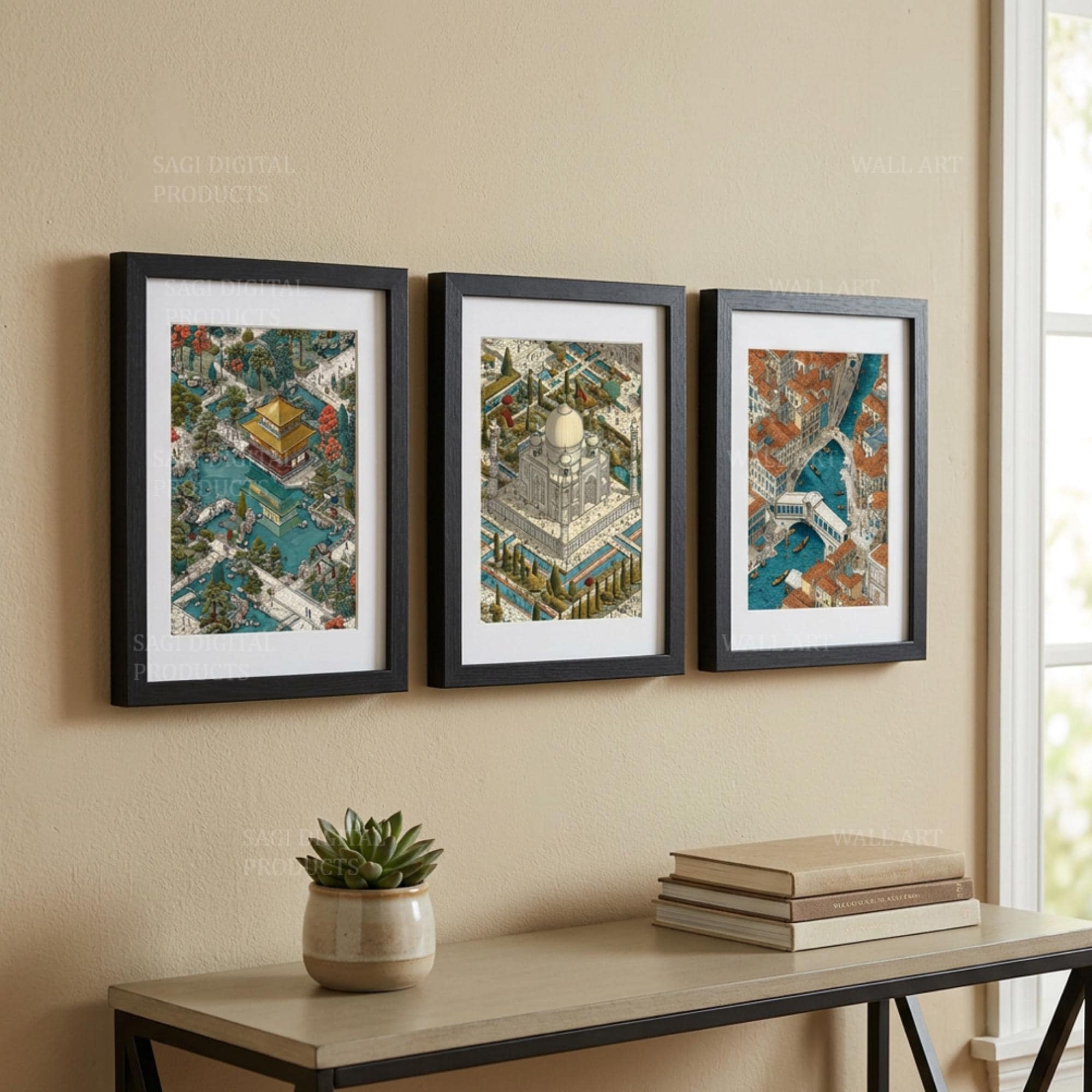 Landmark Print Triptych, World Architecture Wall Art, Digital Download, Printable