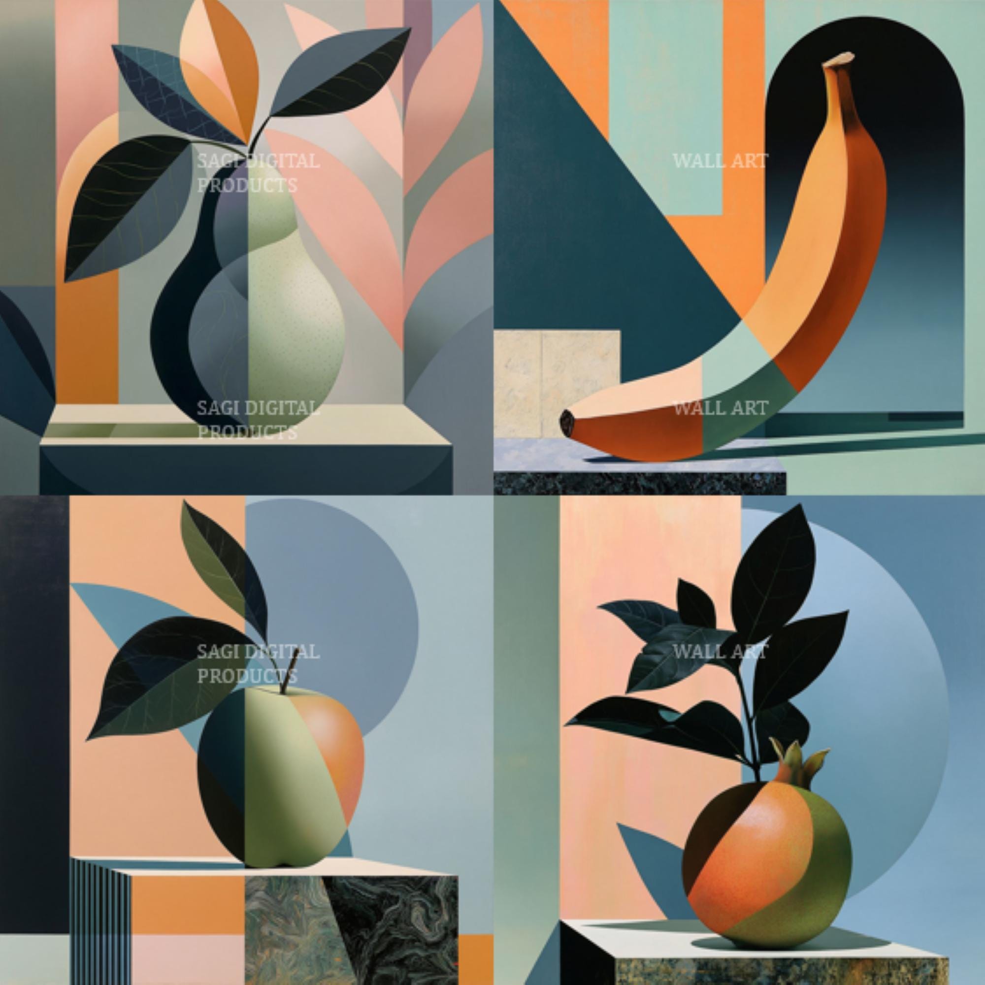 Mid Century Modern Fruit Art Print Set of 4, Abstract Kitchen Boho Wall Art