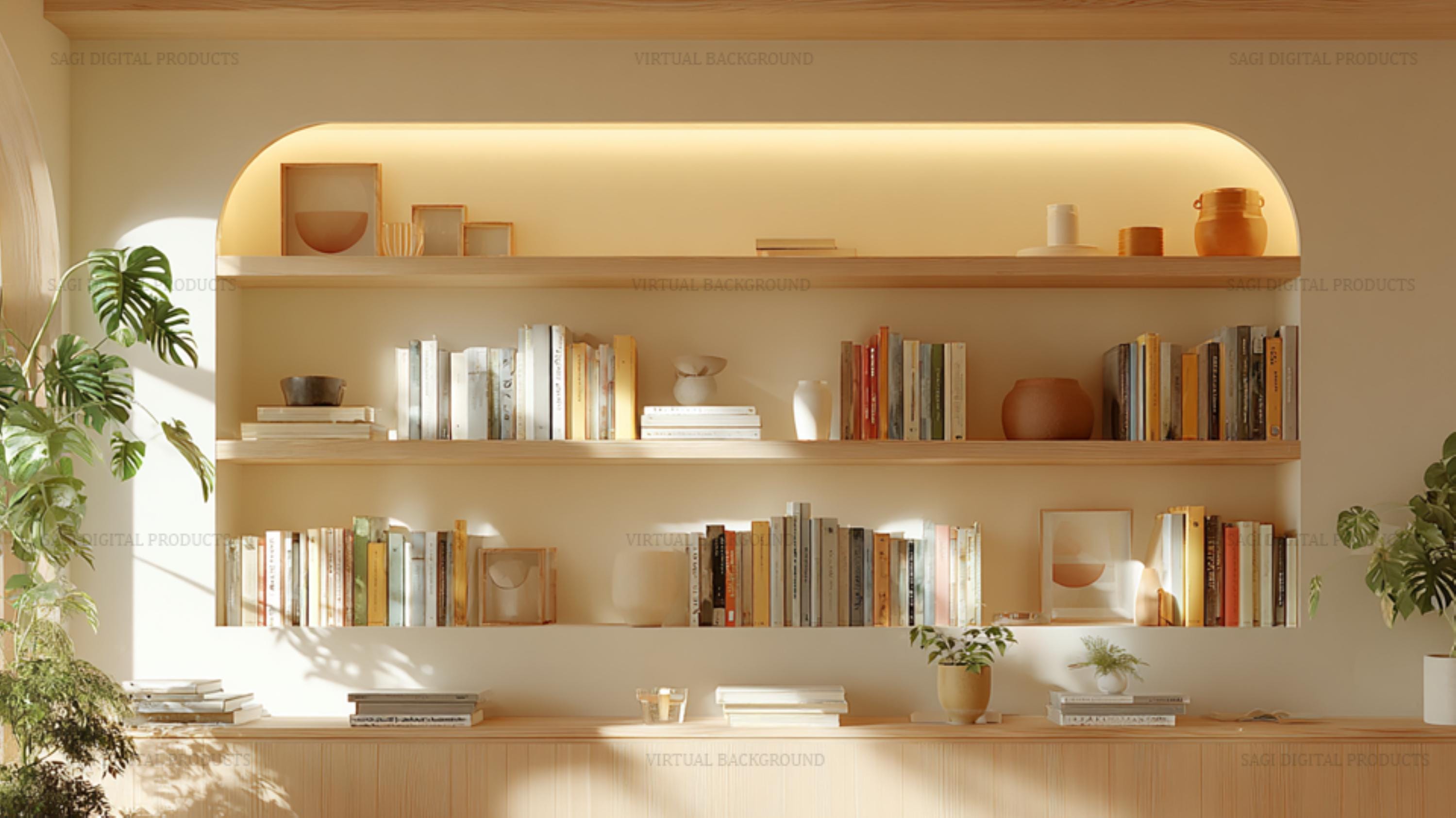 Minimalist Bookshelf  Professional Virtual Background – Cozy Home Office Decor
