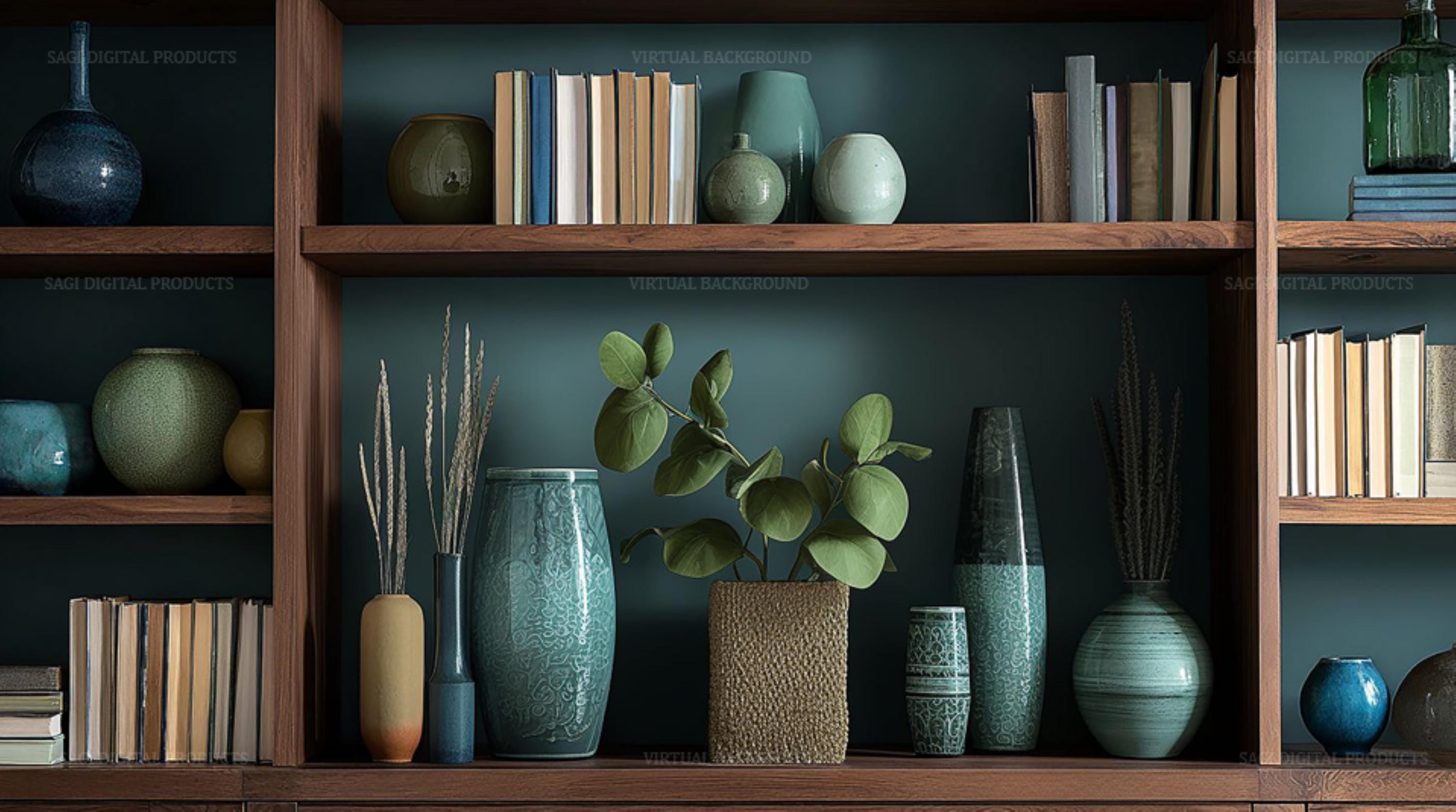 Modern Bookshelf  Professional Virtual Background With Teal Ceramic Decor—Stylish Home Office Backdrop