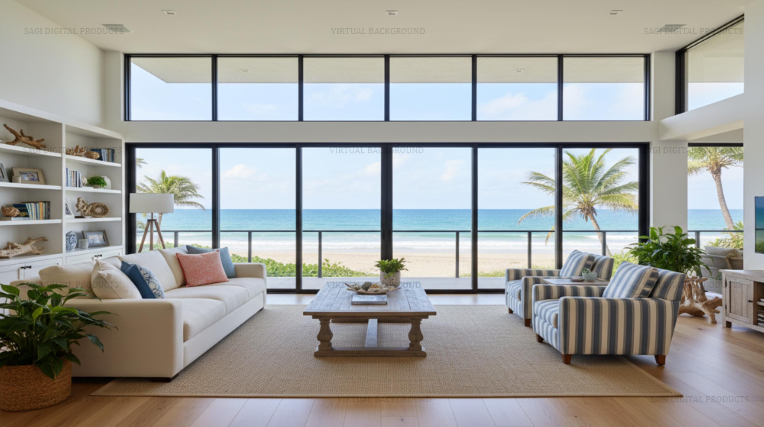 Modern Coastal Living Room Virtual Background, Beach Ocean View Professional Backdrop