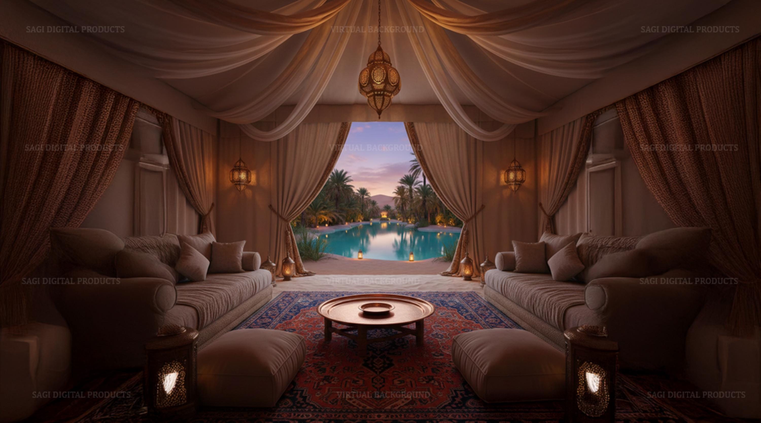 Moroccan Tent Virtual Background, Luxury Desert Oasis Backdrop