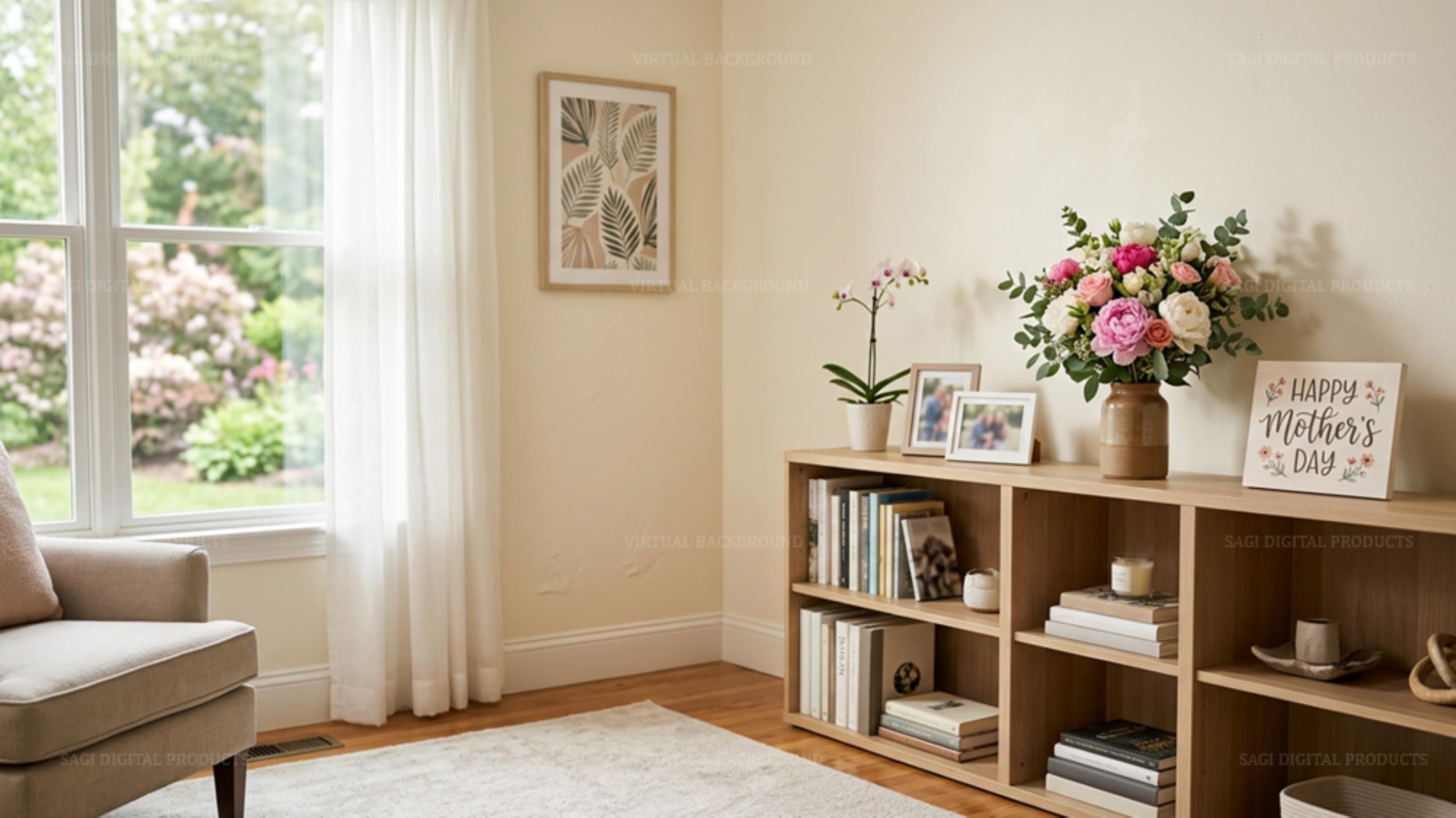 Mother's Day Living Room Zoom Virtual Background  Floral Bookshelf Decor