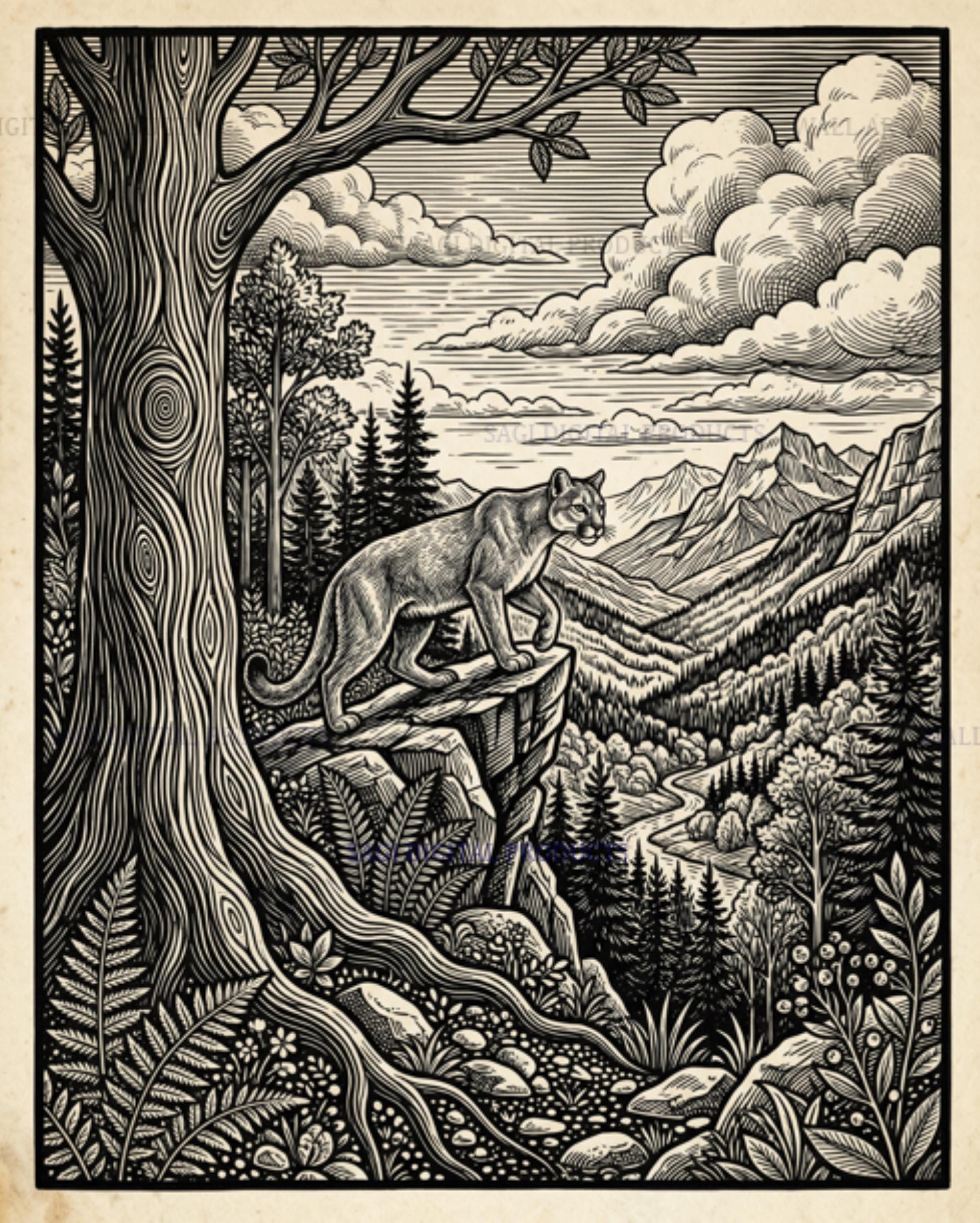 Mountain Lion Print, Puma Wall Art, Woodcut Animal, Digital Download, Printable