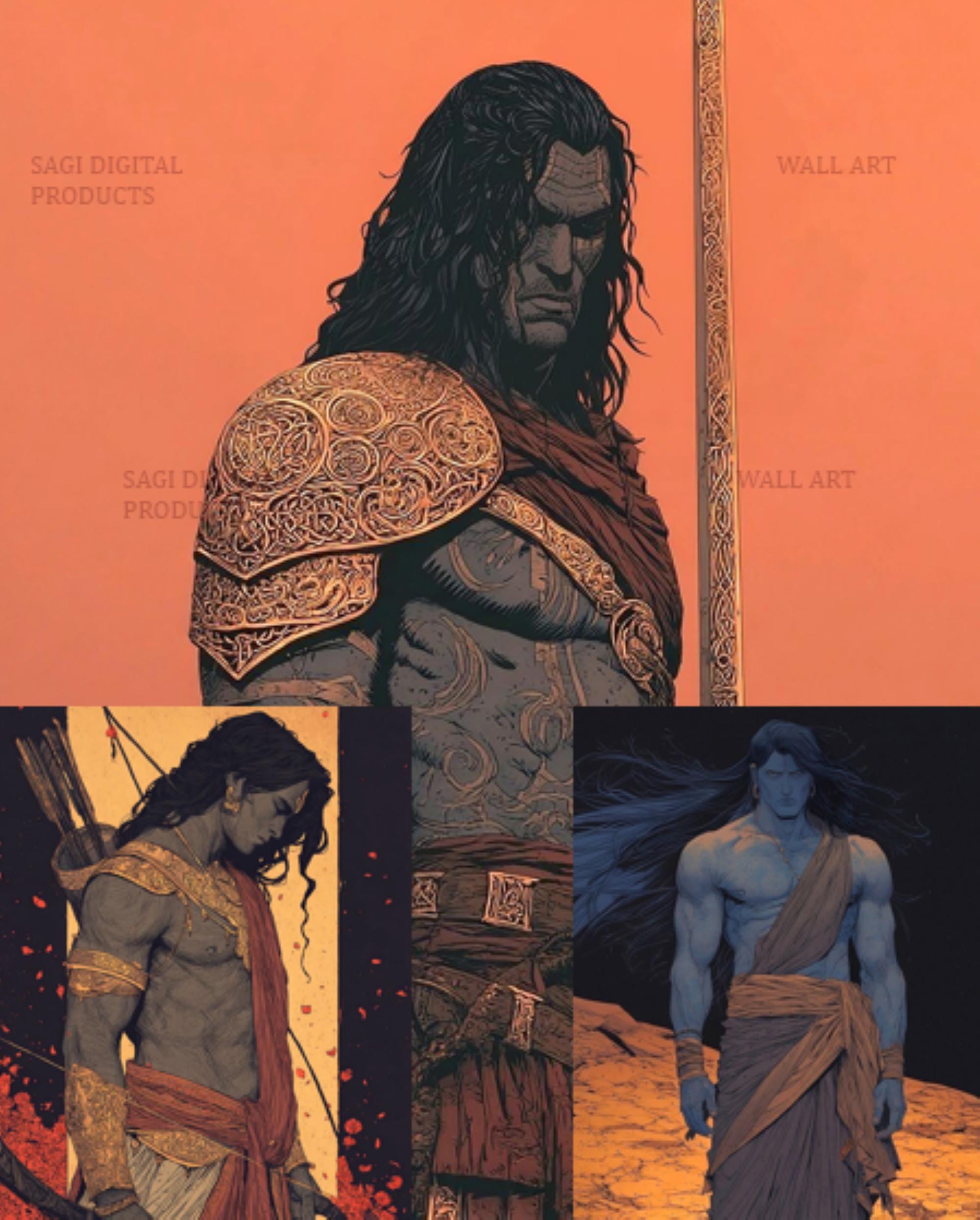 Mythology Art Print  Set, Warrior Triptych Wall Art, Digital Download, Printable