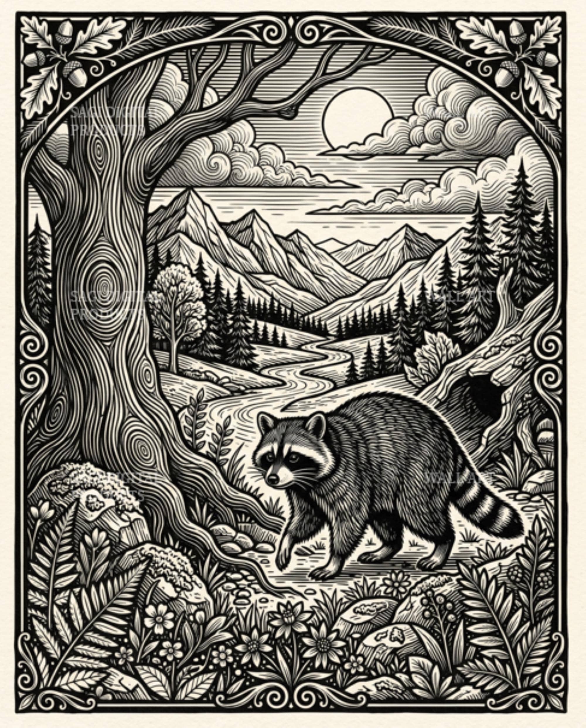 Raccoon Linocut Print, Woodland Mountain Wall Art, Black and White Forest Cabin Lodge Decor
