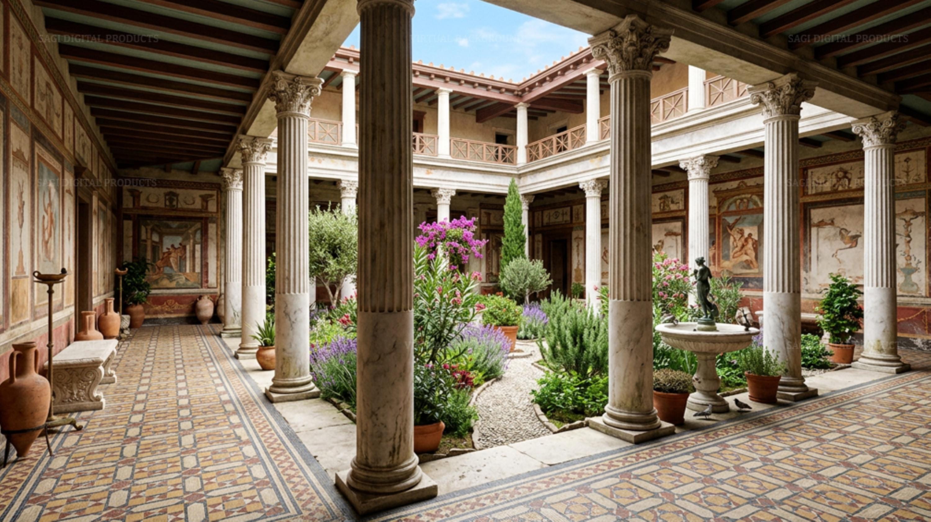 Roman Peristyle Garden Virtual Background, Ancient Villa Zoom Backdrop, Classical Theme
