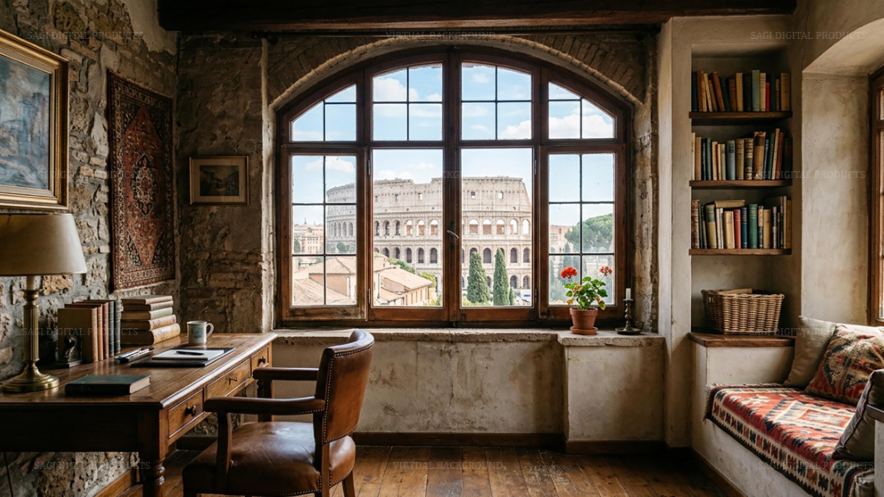 Roman Study with Colosseum View –Virtual Background for Work