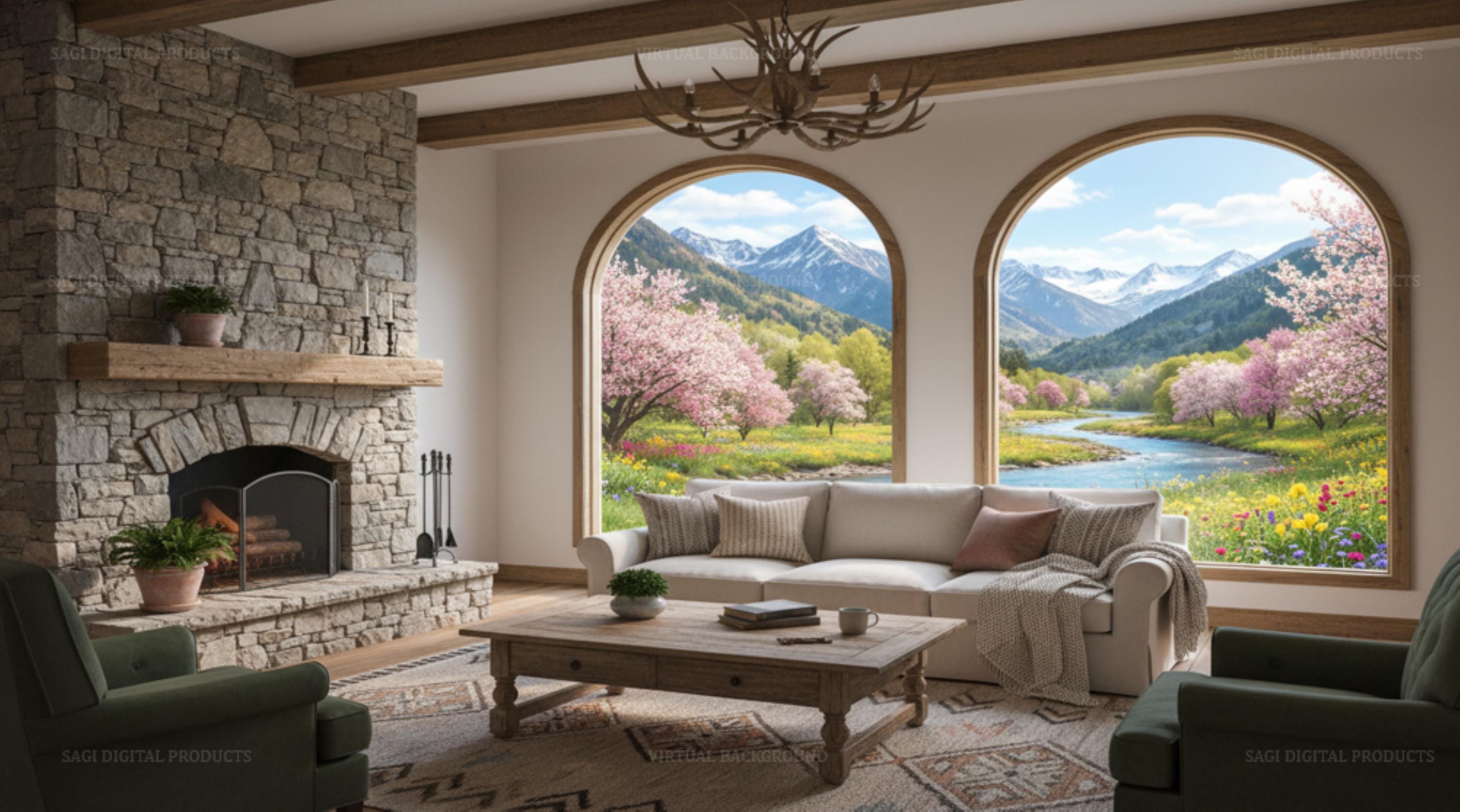Rustic Mountain Spring  Professional Virtual Background Cabin View