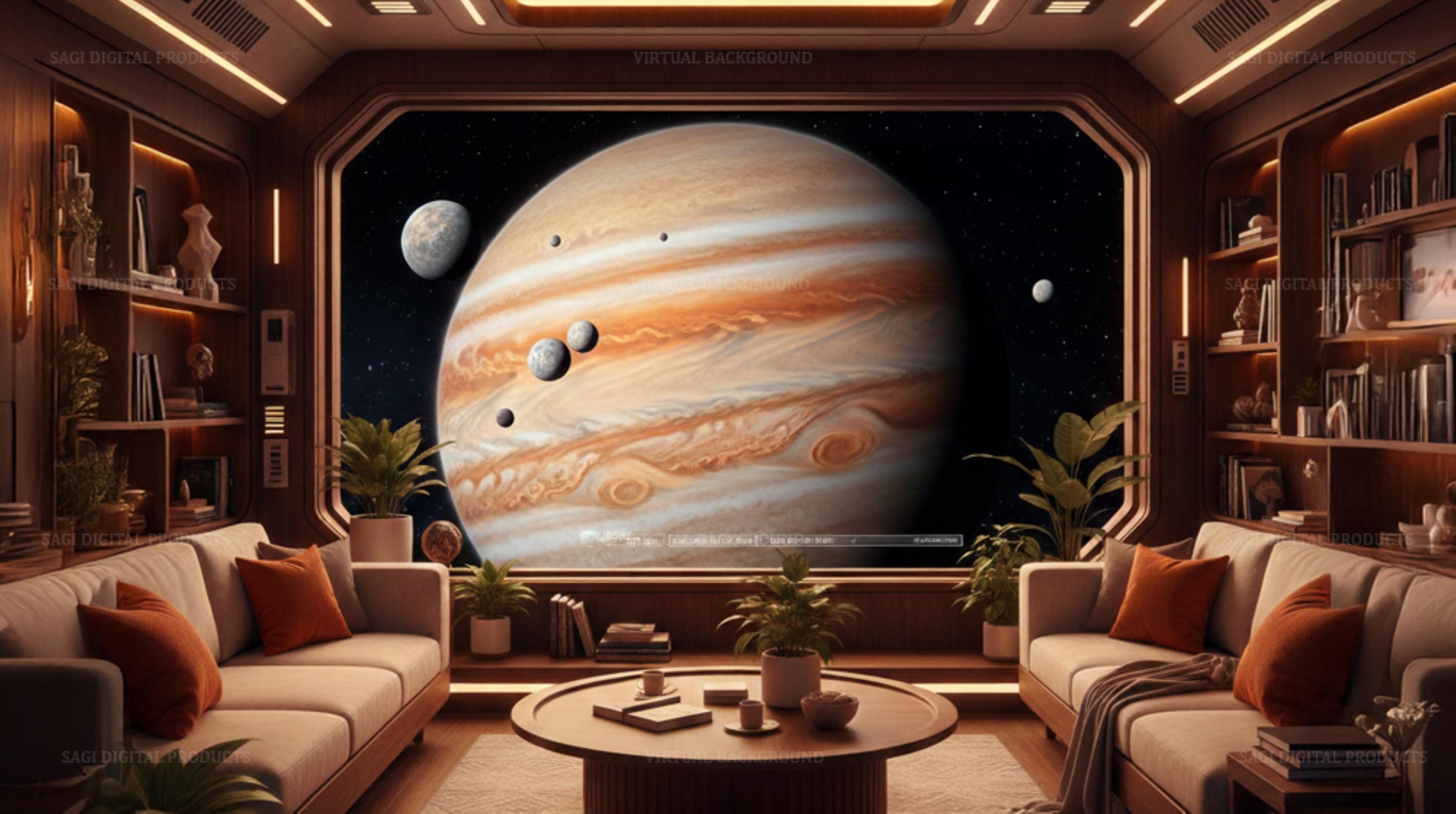 Sci-Fi Space Office  Virtual Background, Futuristic Jupiter View  for Videoconferences