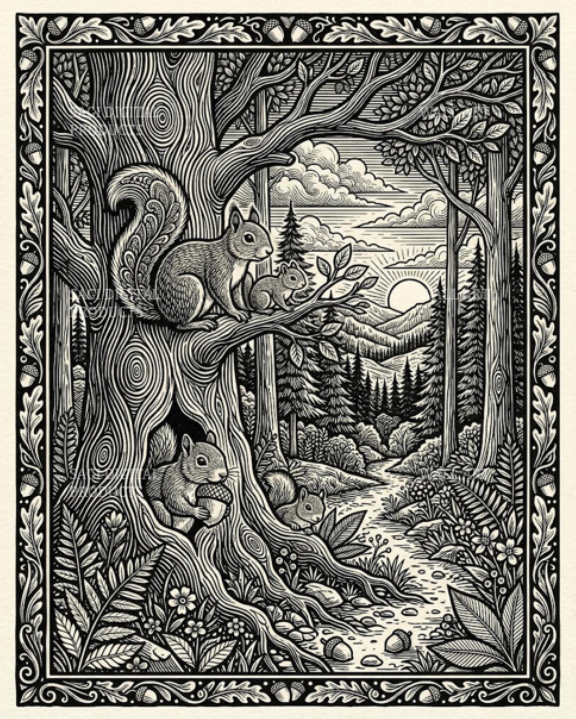 Squirrel Family Linocut Print, Woodland Forest Wall Art, Black and White Nursery Cabin Decor