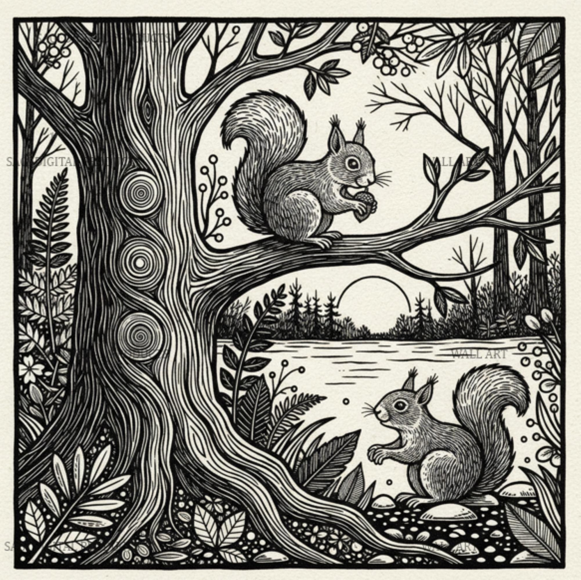 Squirrel Forest Print Woodland Wall Art Printable Nature Illustration Wildlife Gift