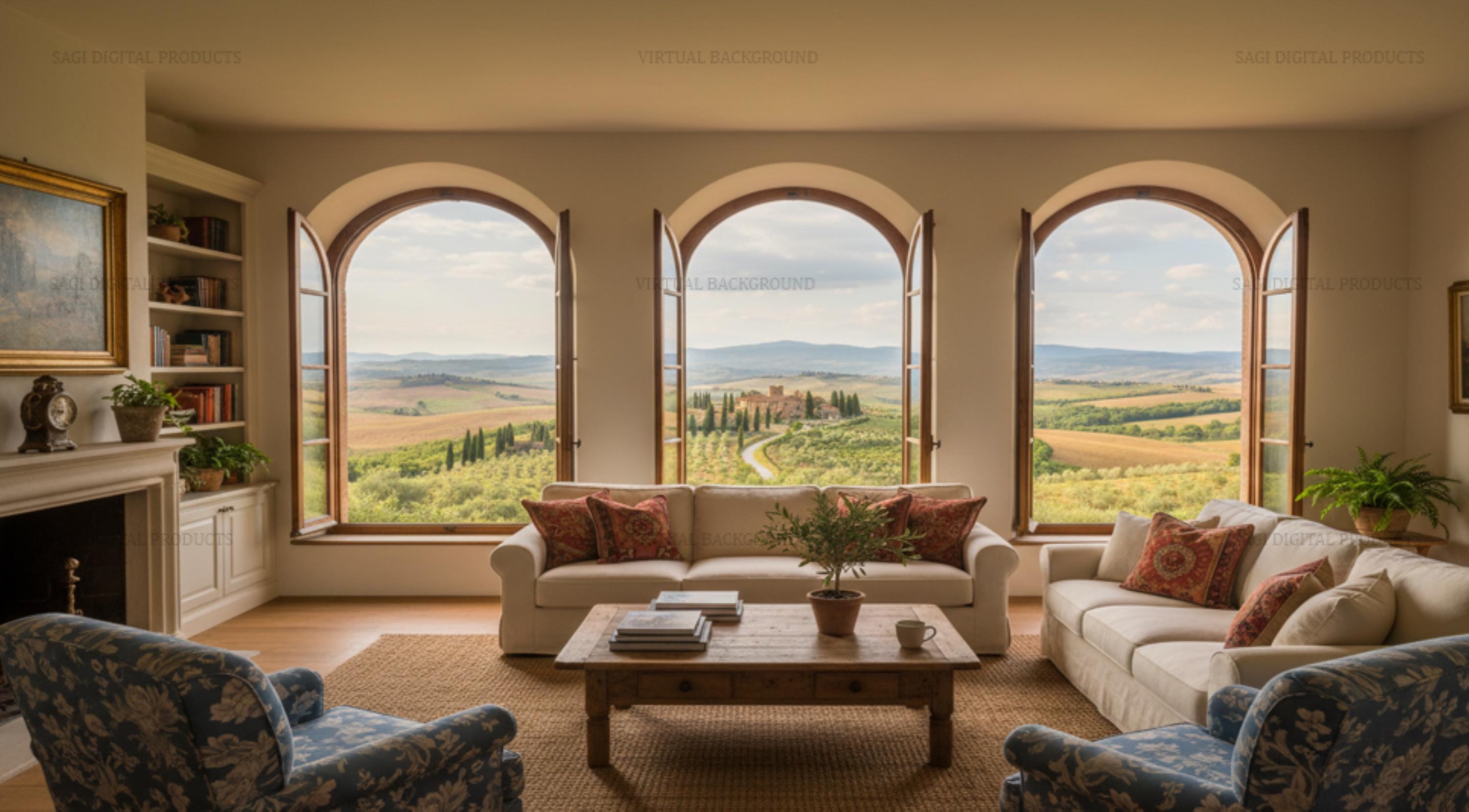 Tuscan Villa Living Room  Professional Virtual Background, Italian Countryside Window View
