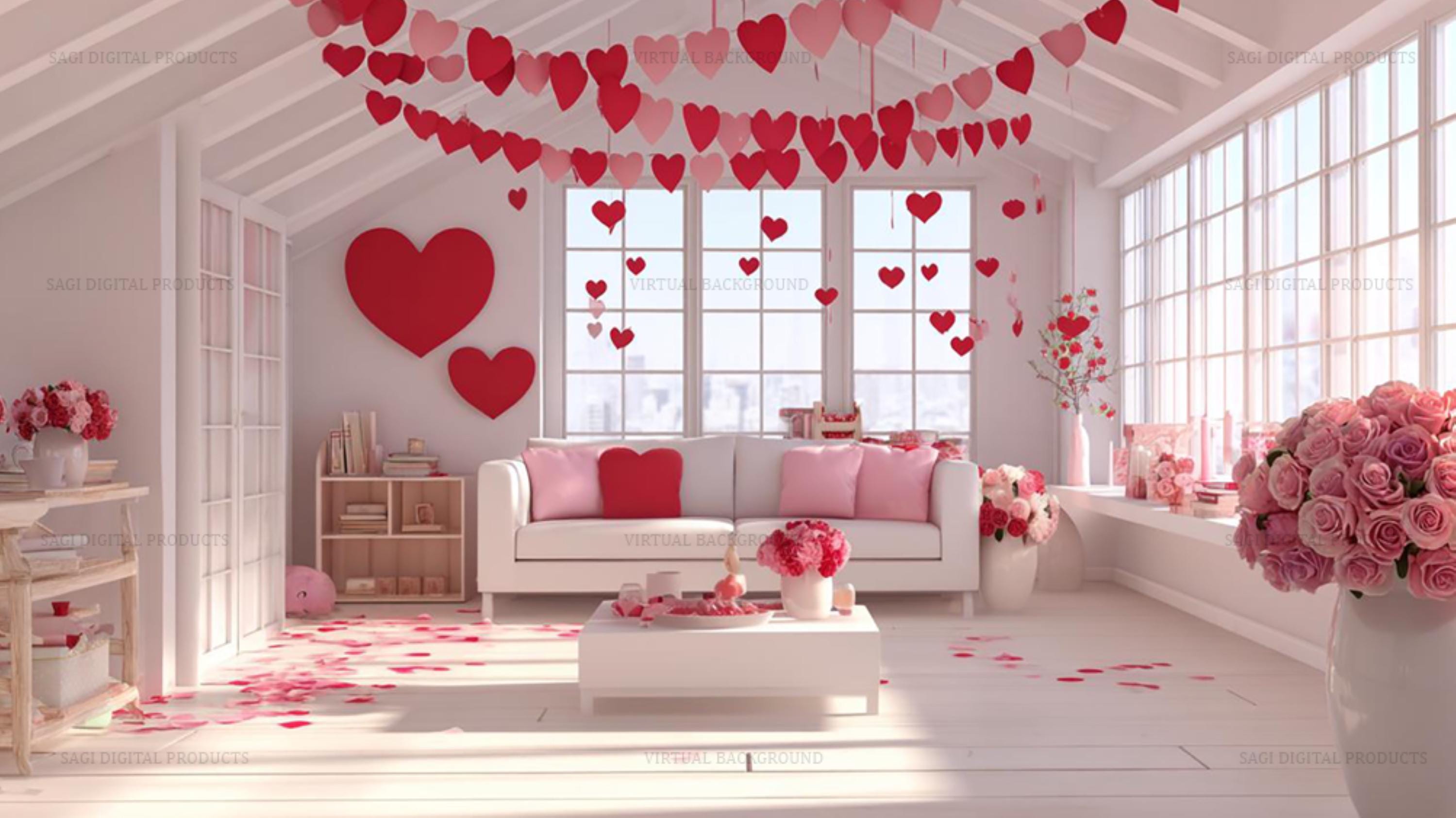 Valentine's Day Zoom Virtual Background - Romantic Hearts Room Virtual Meeting Backdrop Love Decor