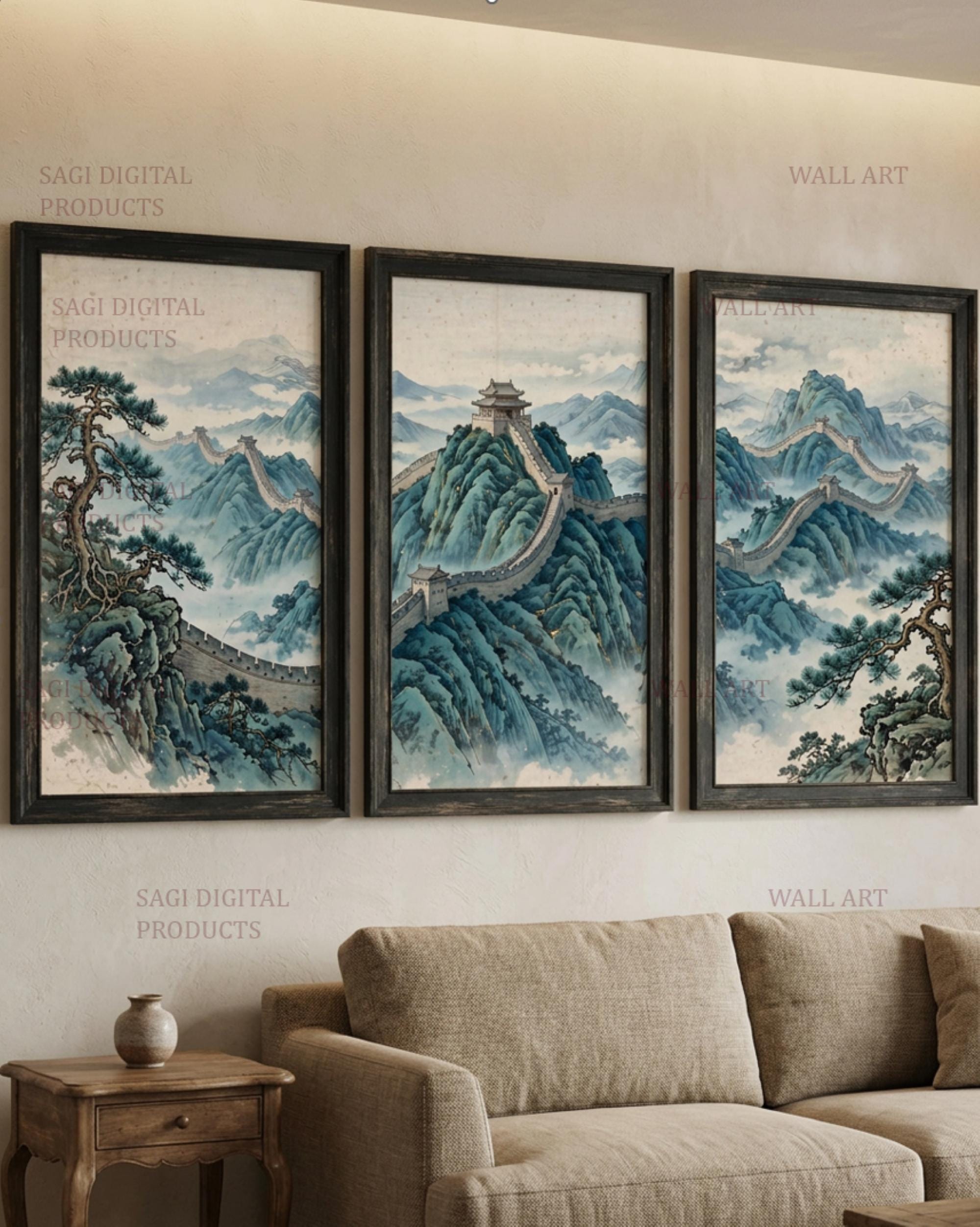 Wall Triptych Print, Chinese Ink Landscape, Blue Mountains, Shan Shui Art (Digital Download)