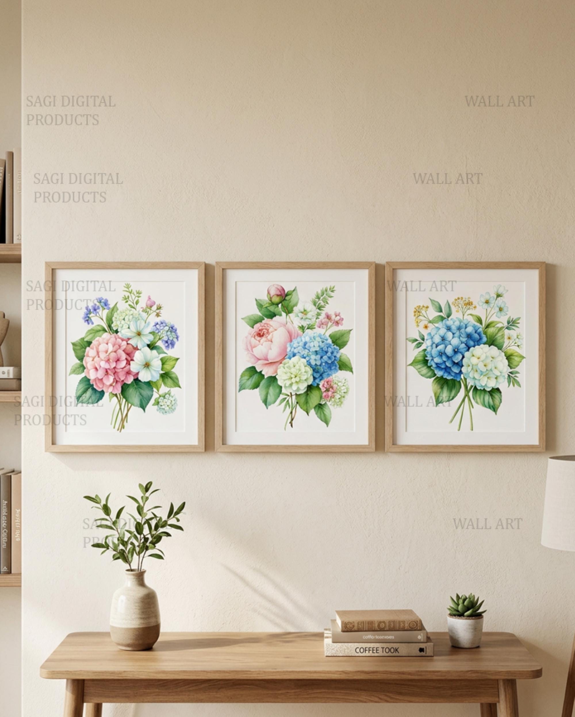 Watercolor Floral Triptych, Botanical Bouquet Wall Art Bundle (Digital Download)