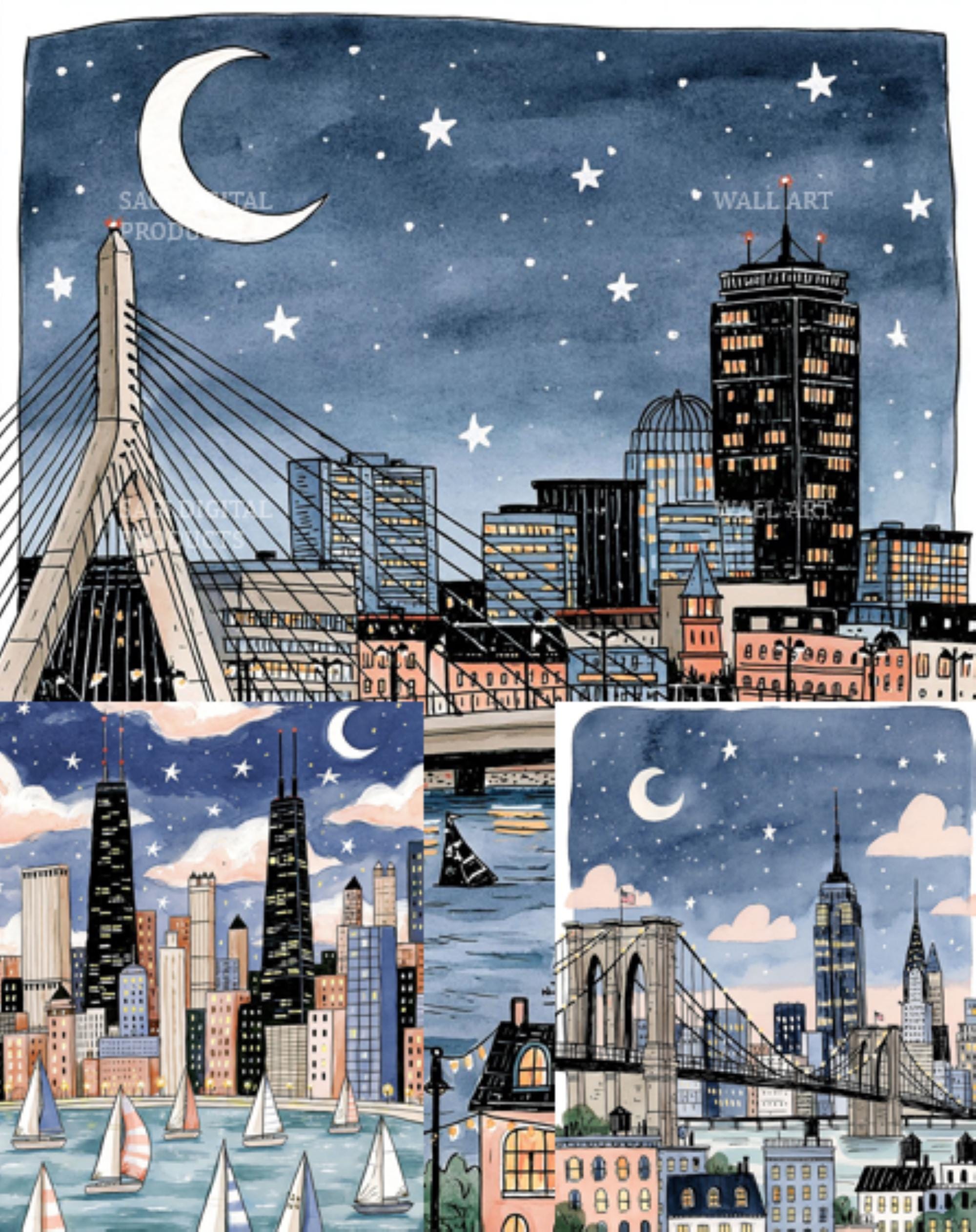 Watercolor City Print Triptych, Night Skyline Wall Art Bundle, Digital Download, Printable