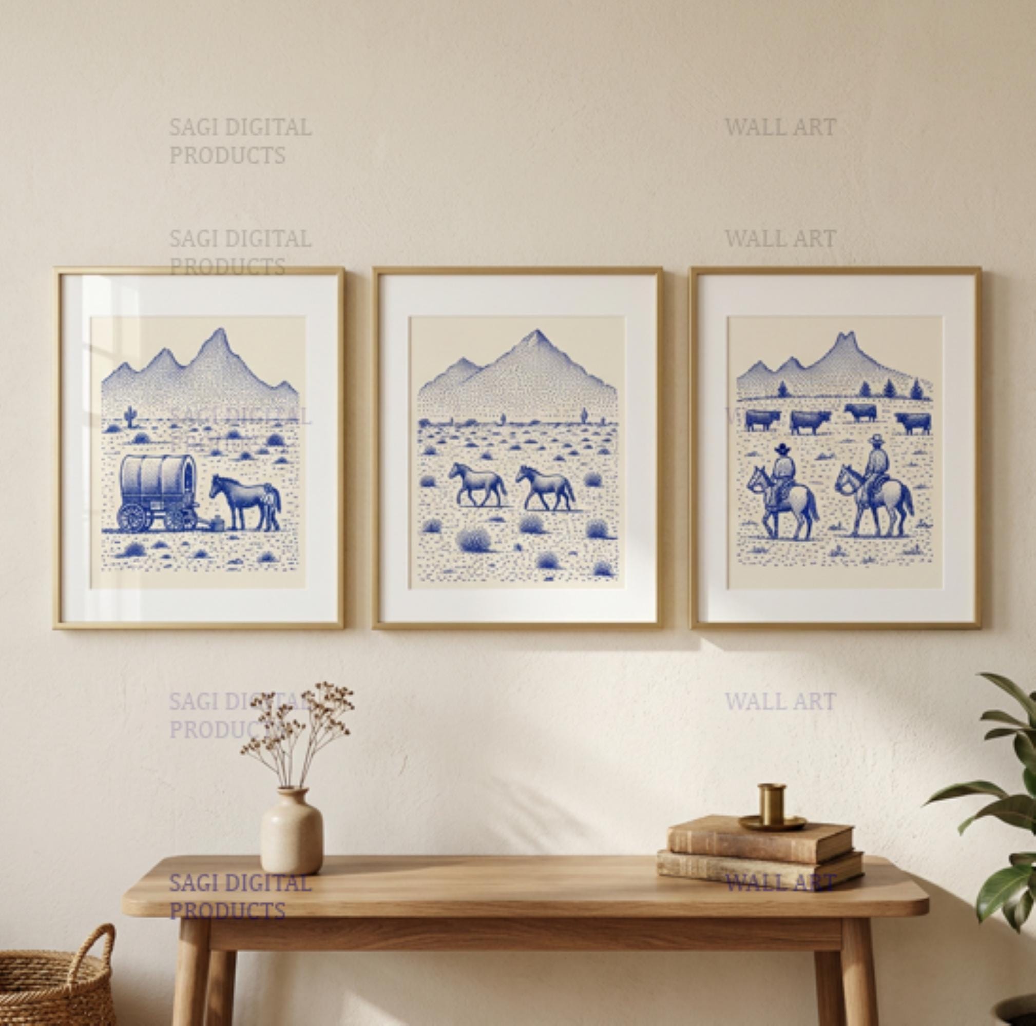 Western Frontier Print Set, Cowboy Wall Art Triptych, Digital Download, Printable