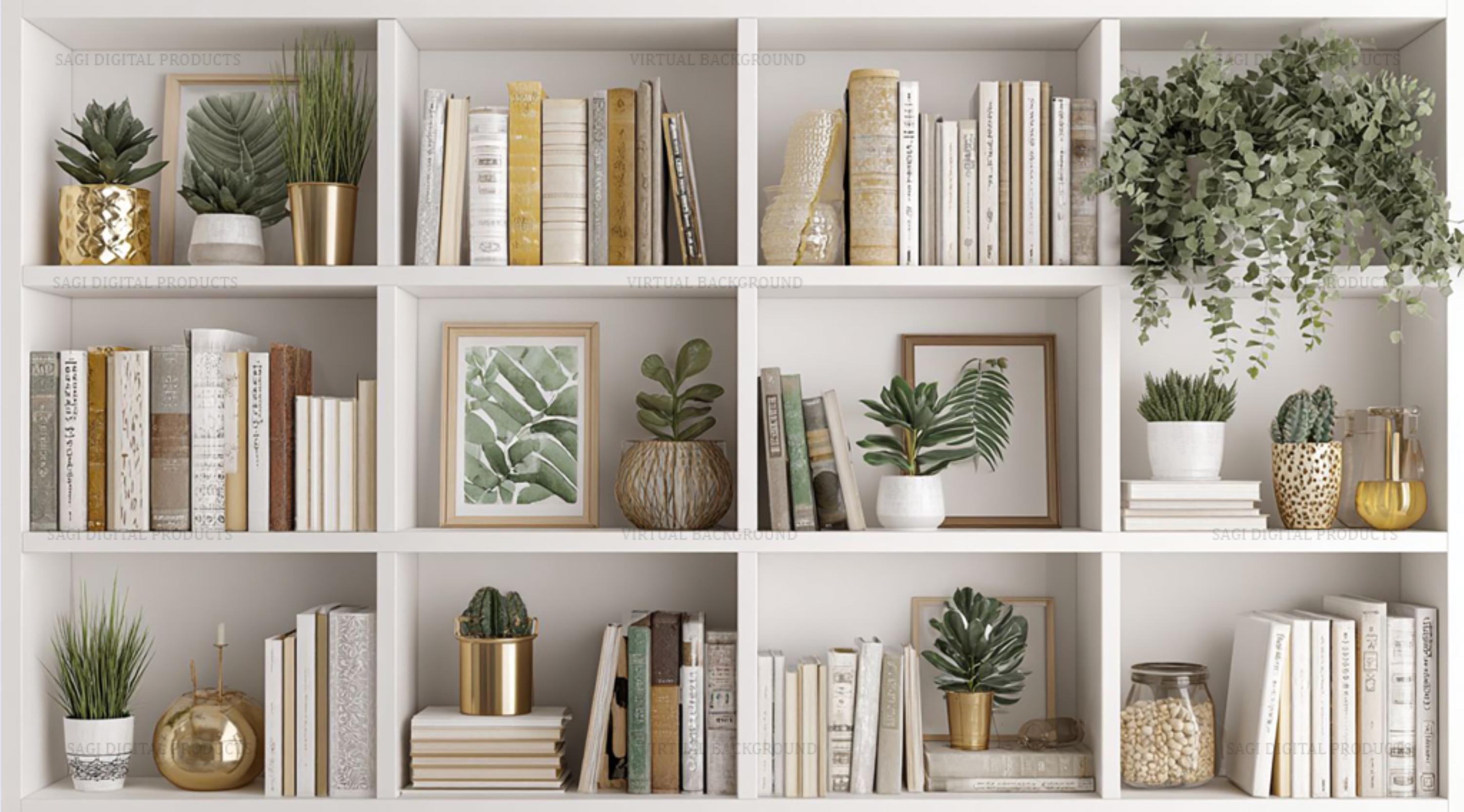 White Modern Bookshelf  Professional Virtual Background – Home Office Decor