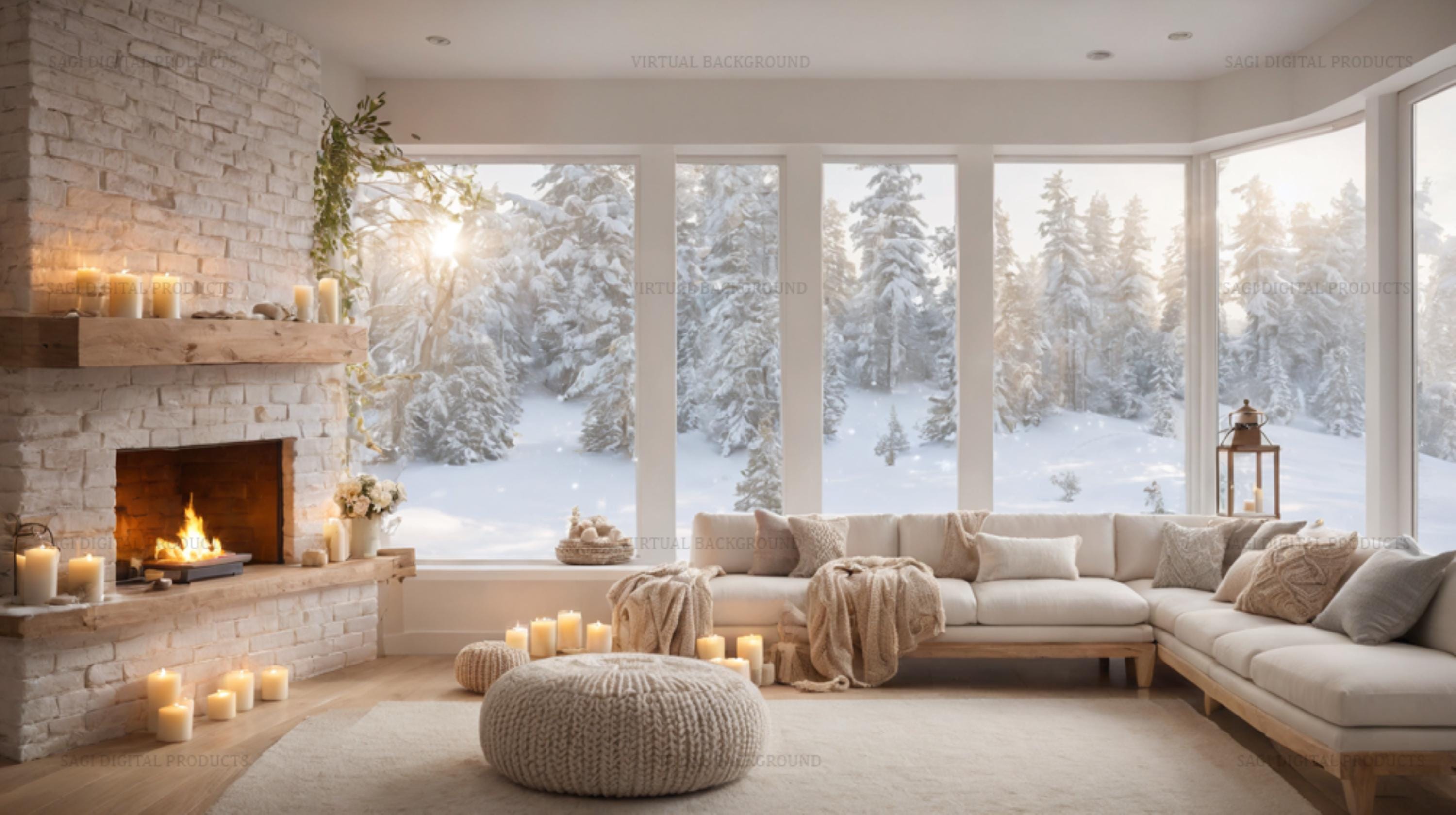 Winter Cabin Professional Virtual Background with Fireplace and Snowy Forest View