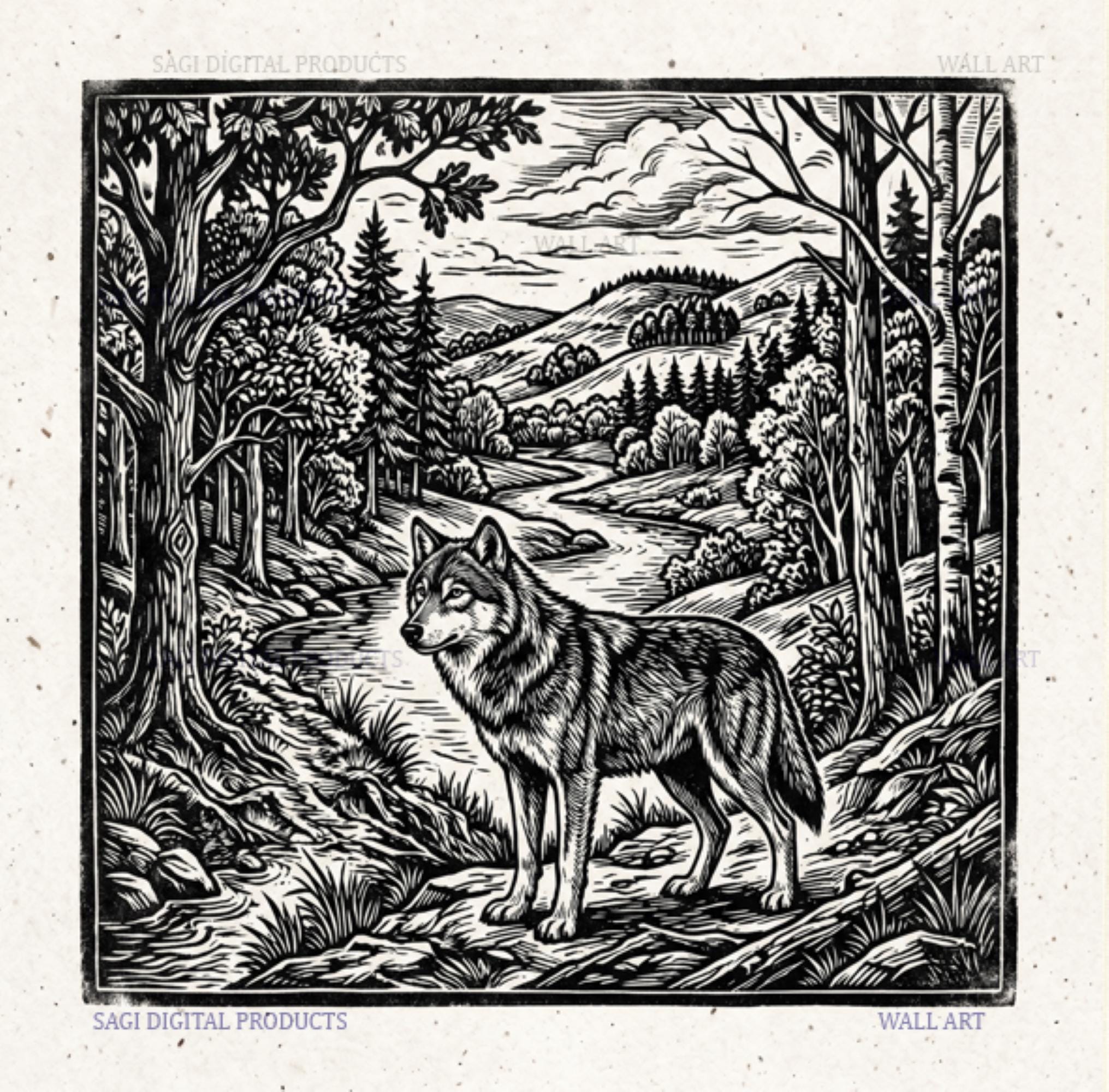 Wolf Forest Print, Vintage Woodland Wall Art, Digital Download