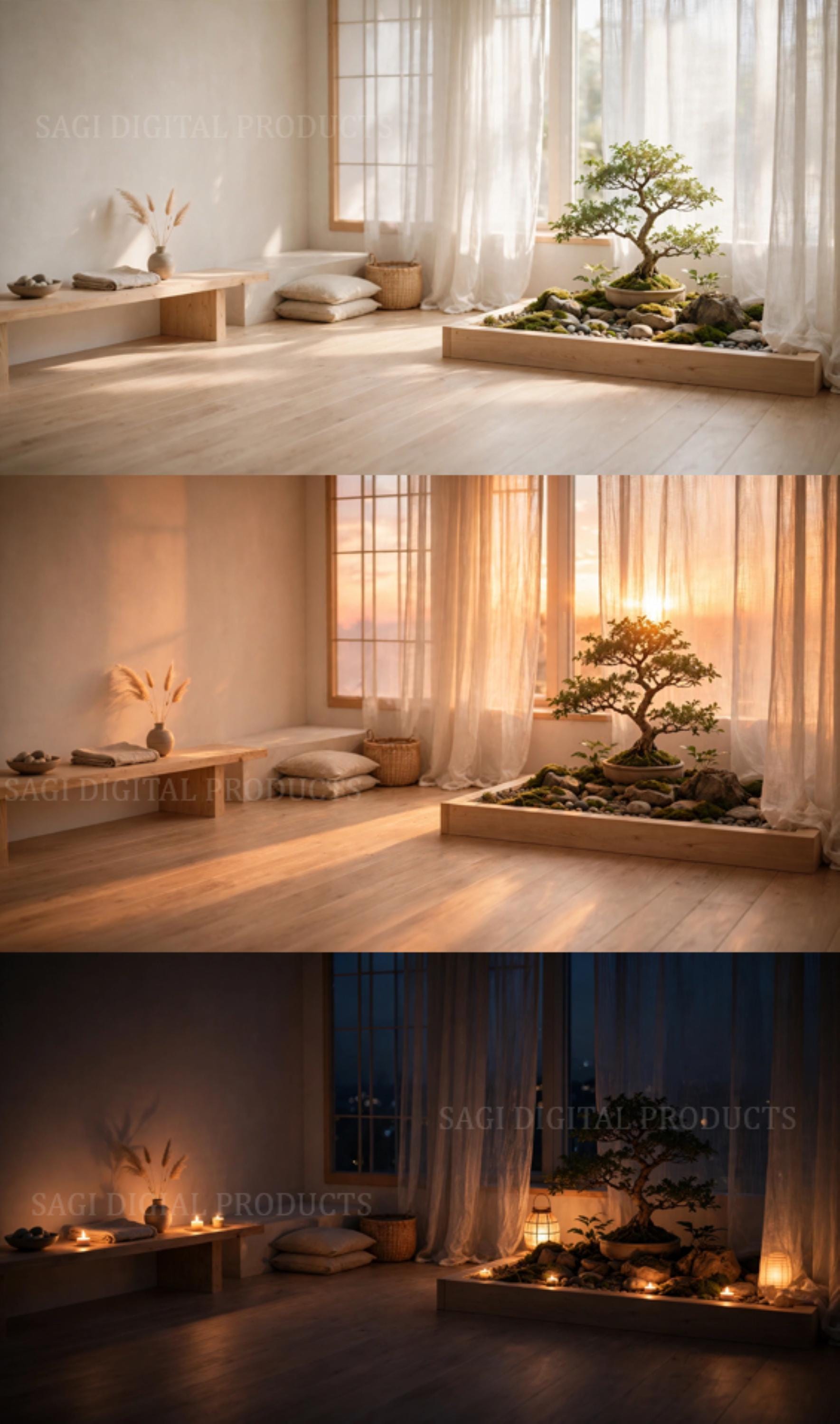 Zen Room Virtual Background Set, 3 Meditation Backdrops, Japandi Video Call Digital Download